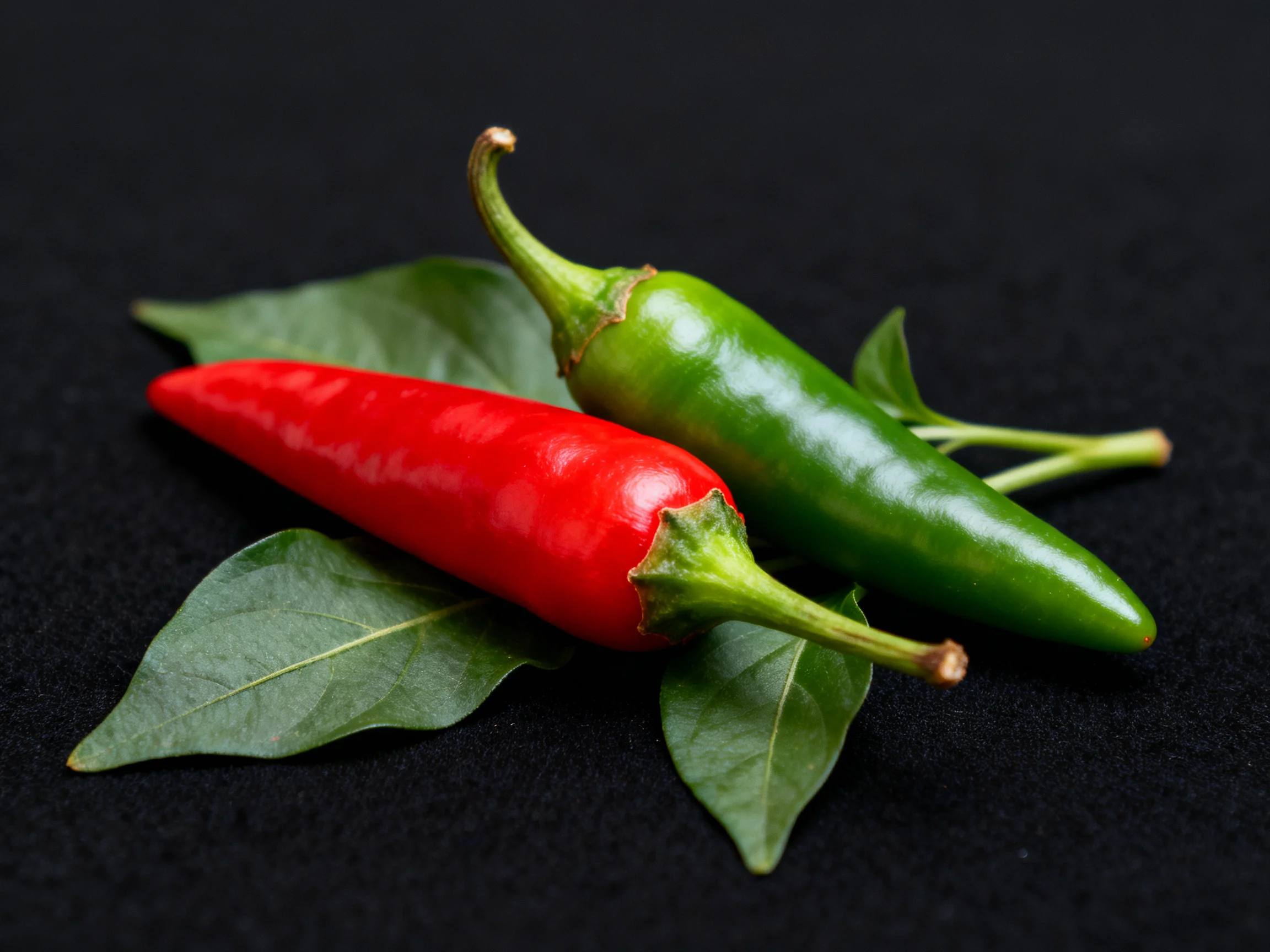 Two chili peppers, one red and one green, rest on dark green leaves