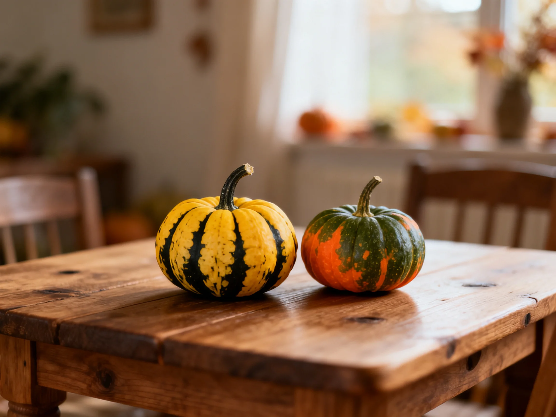 Two colorful gourds rest on a rustic wooden table in a cozy room
