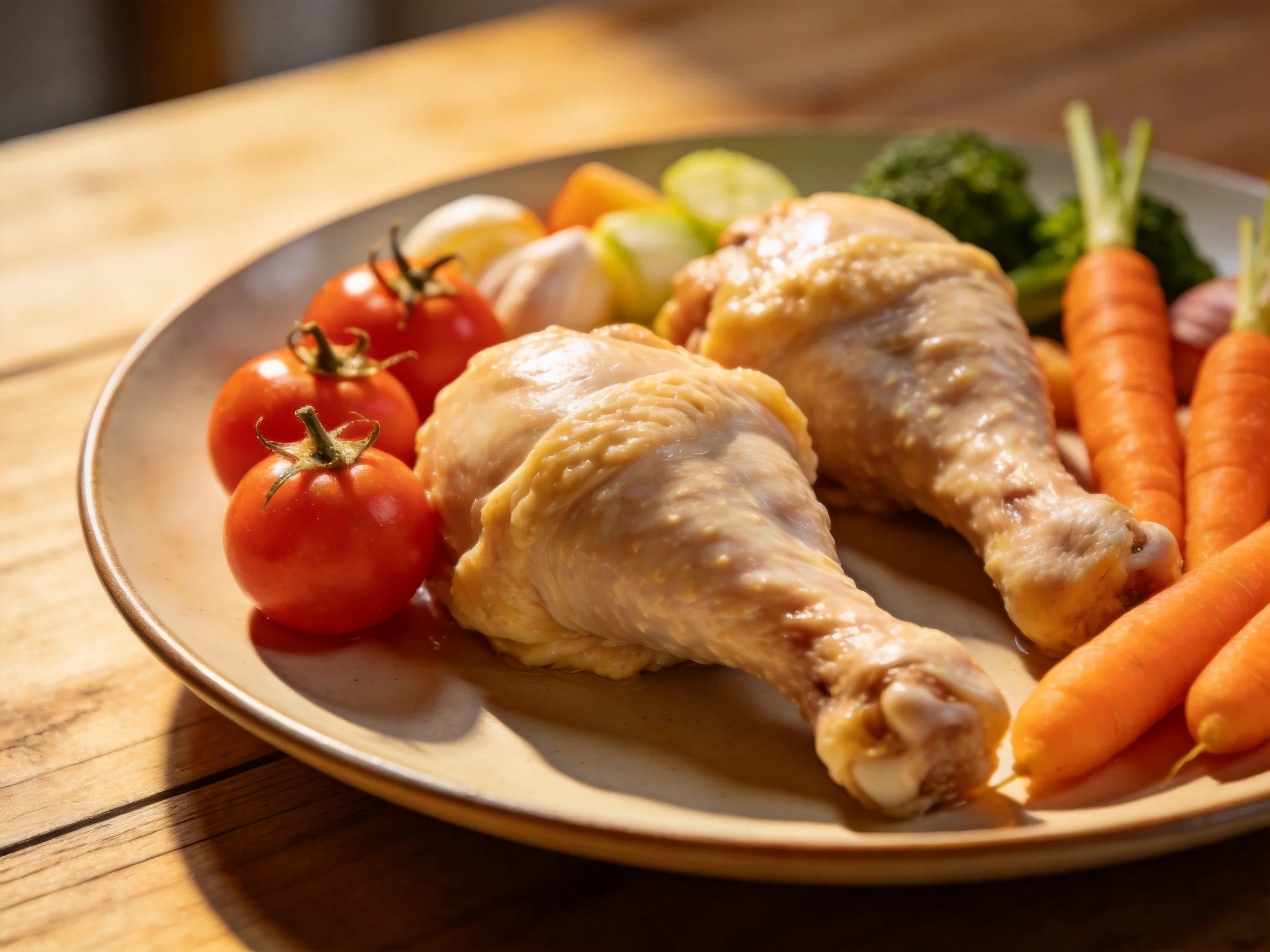 Two cooked chicken drumsticks served with cherry tomatoes, carrots, and mixed vegetables