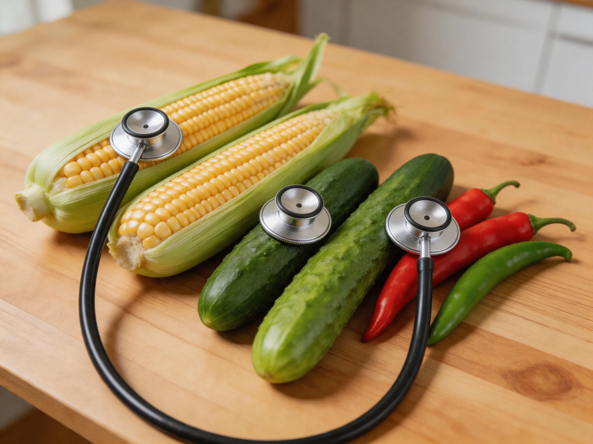 Two corn cobs, two cucumbers, three chilies with stethoscopes on wooden surface