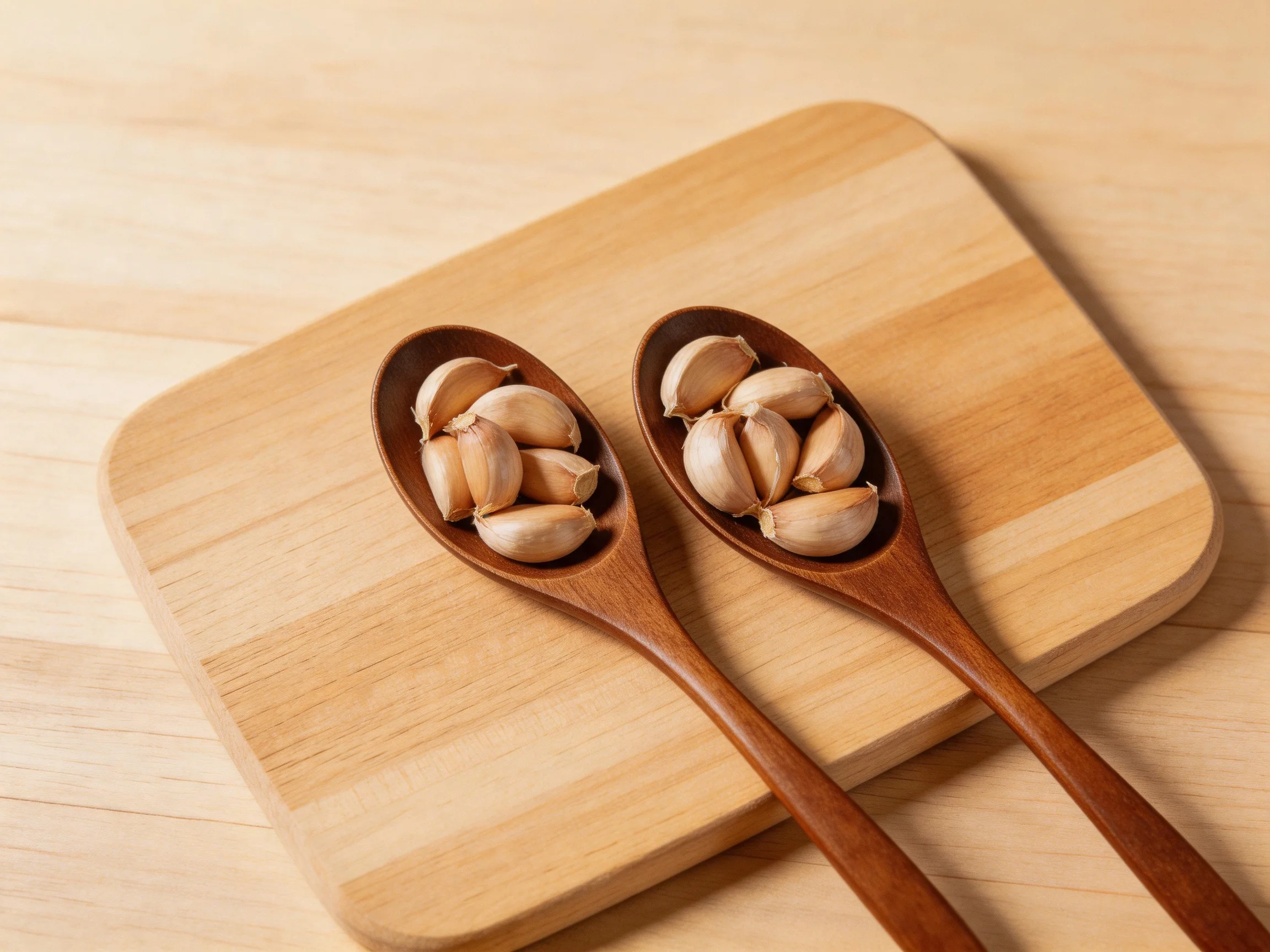 Two dark brown wooden spoons hold garlic cloves on a light wood cutting board