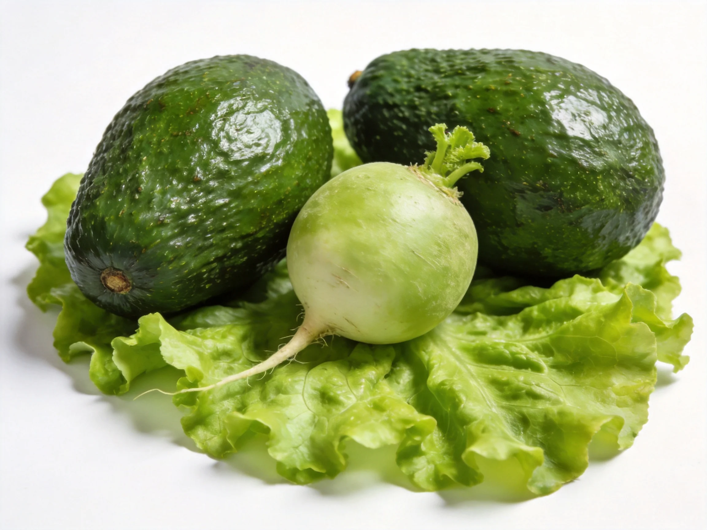 Two dark green avocados, a pale green radish, and crisp green lettuce arranged on a white surface