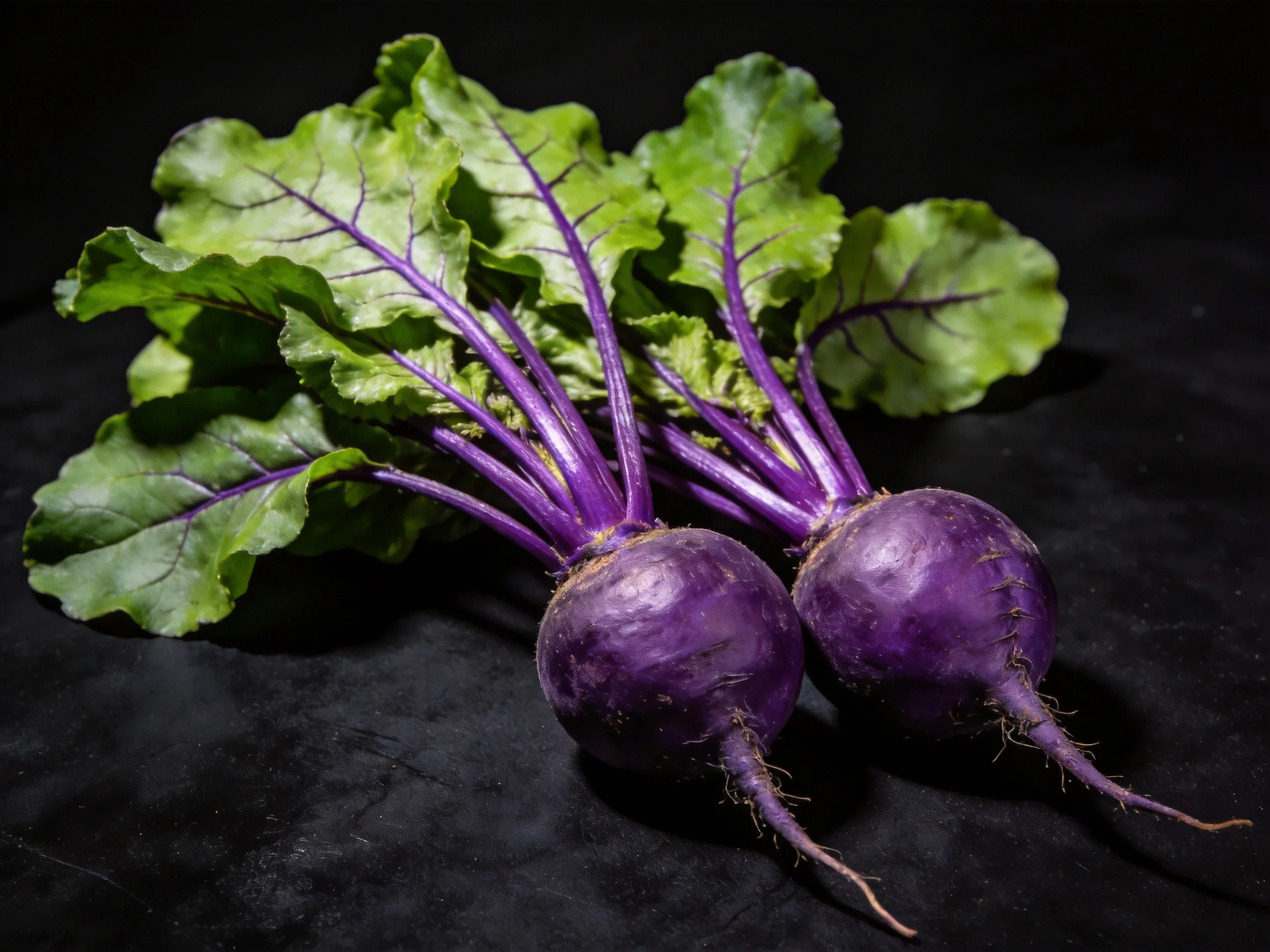 Two deep purple beetroots with fresh green foliage on a black surface