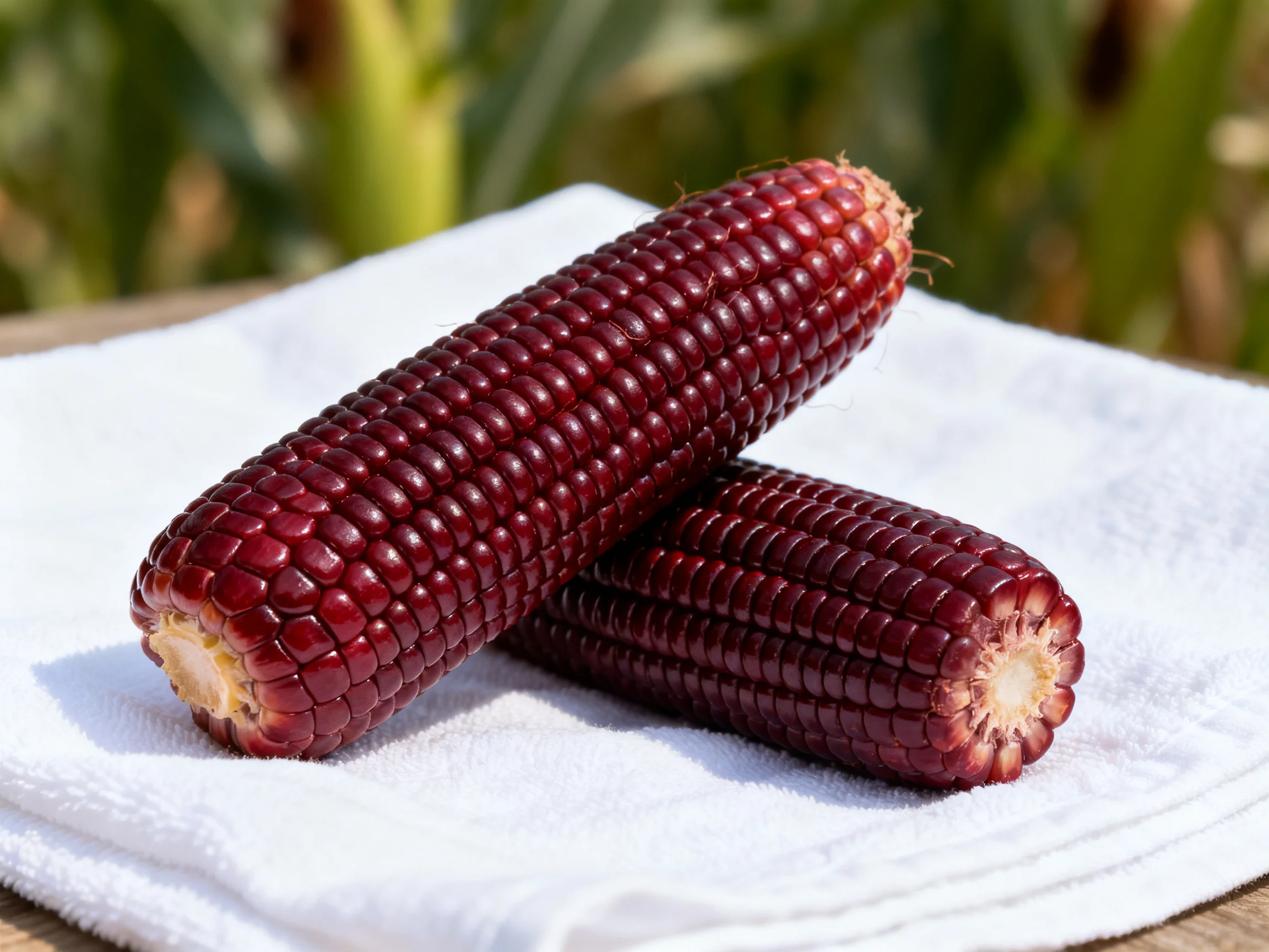 Two deep-purple corn cobs rest on a white towel outdoors
