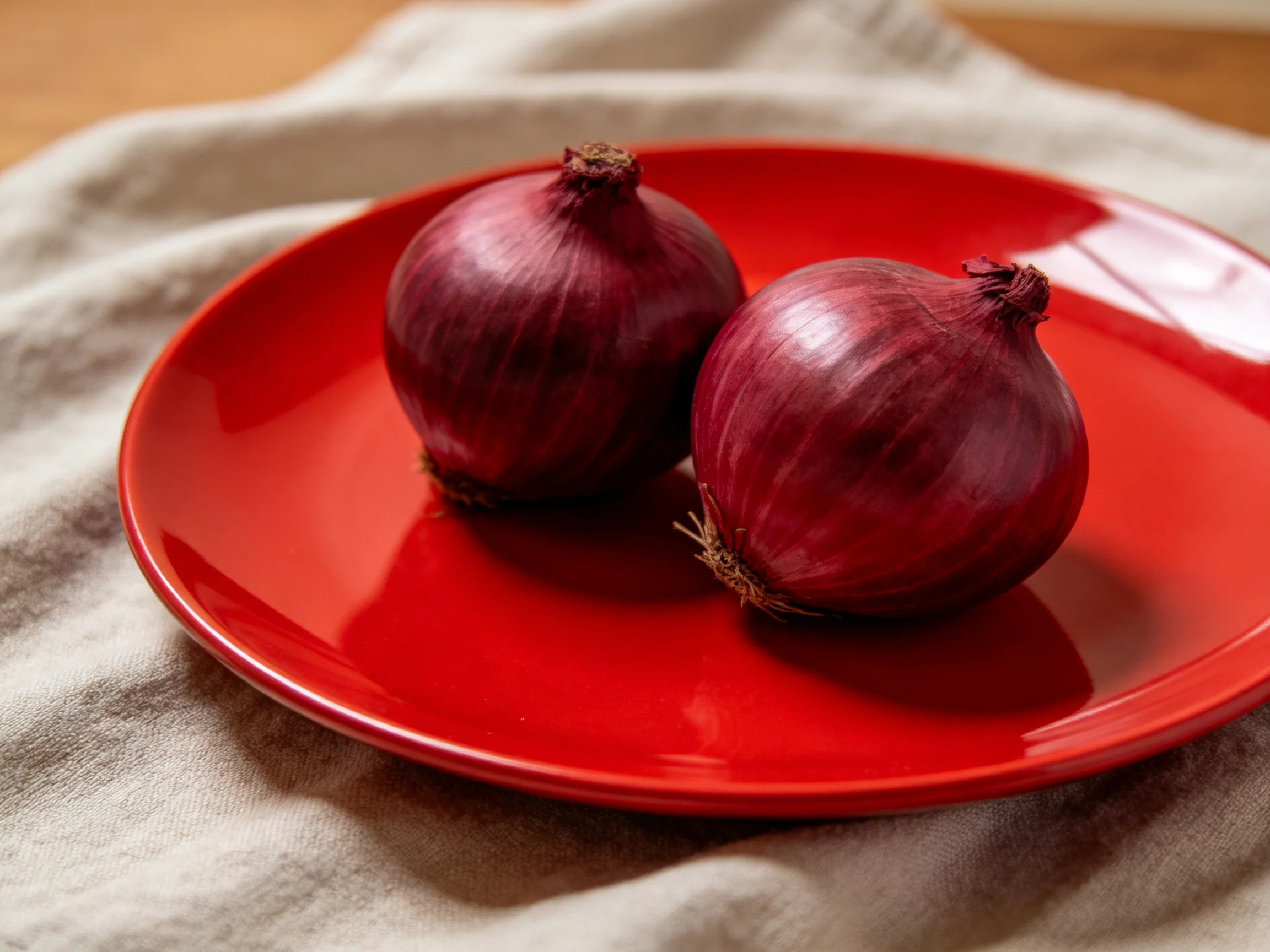 Two deep red onions rest on a glossy red plate over a beige cloth