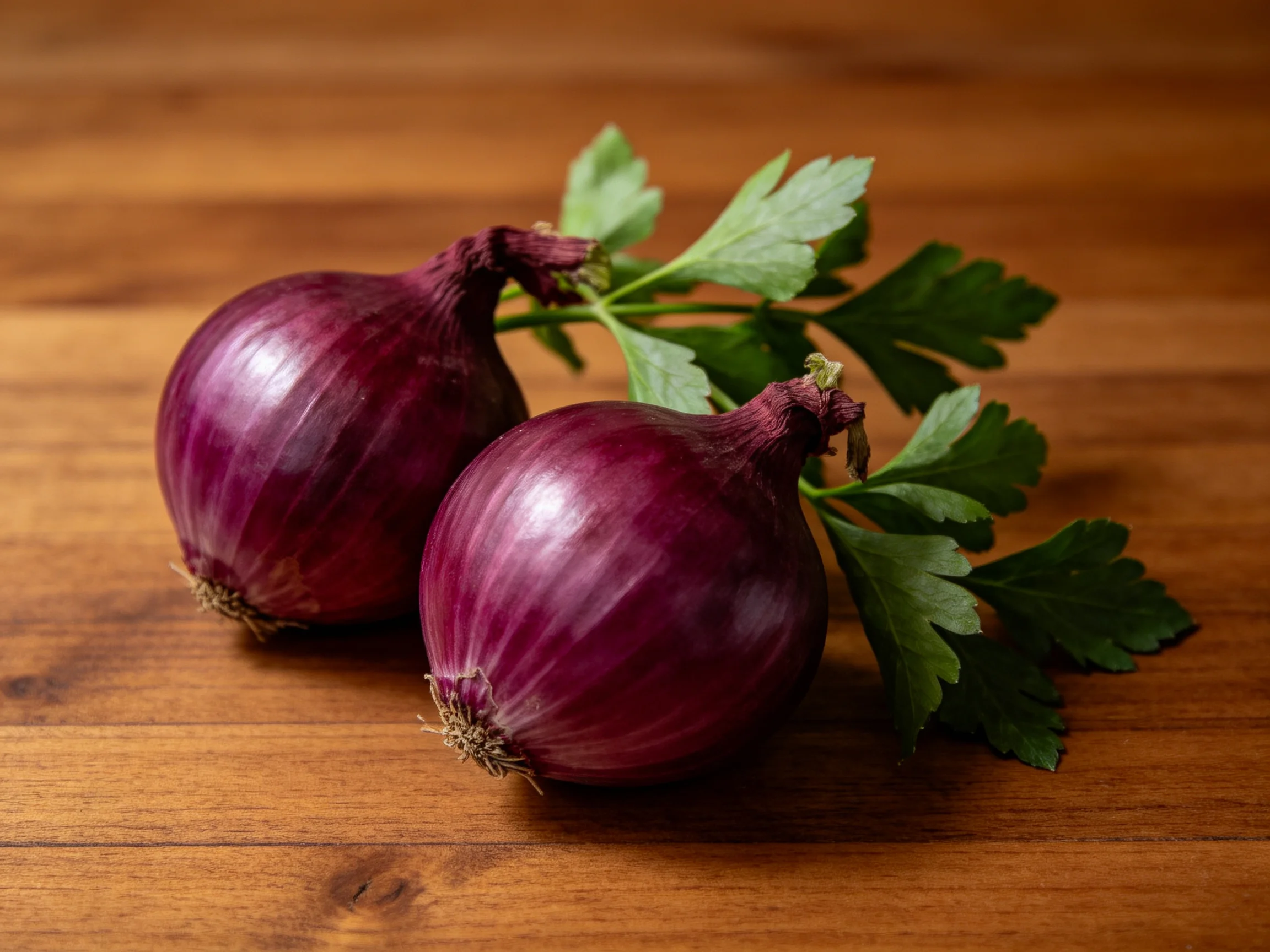 Two deep red onions with fresh green herbs on a wooden table