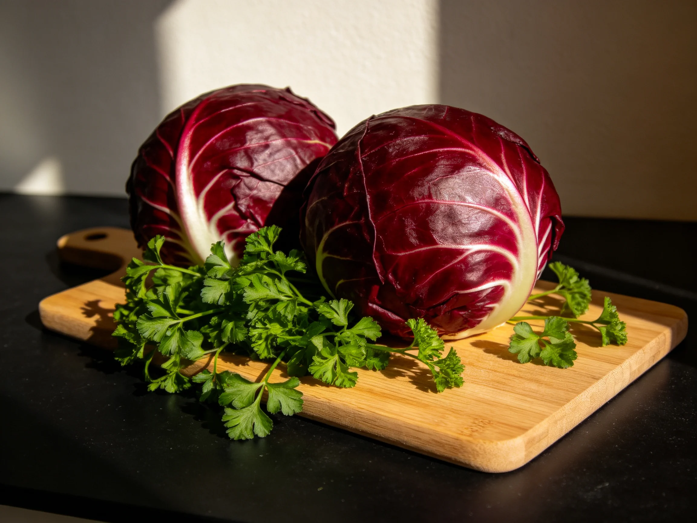 Two deep-red radicchios rest on a bamboo cutting board with fresh parsley