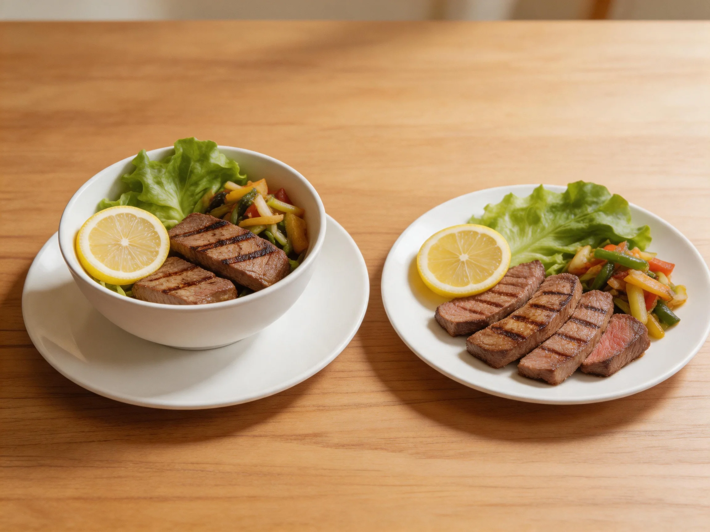 Two dishes present grilled steak, mixed vegetables, and lemon slices on a wooden table
