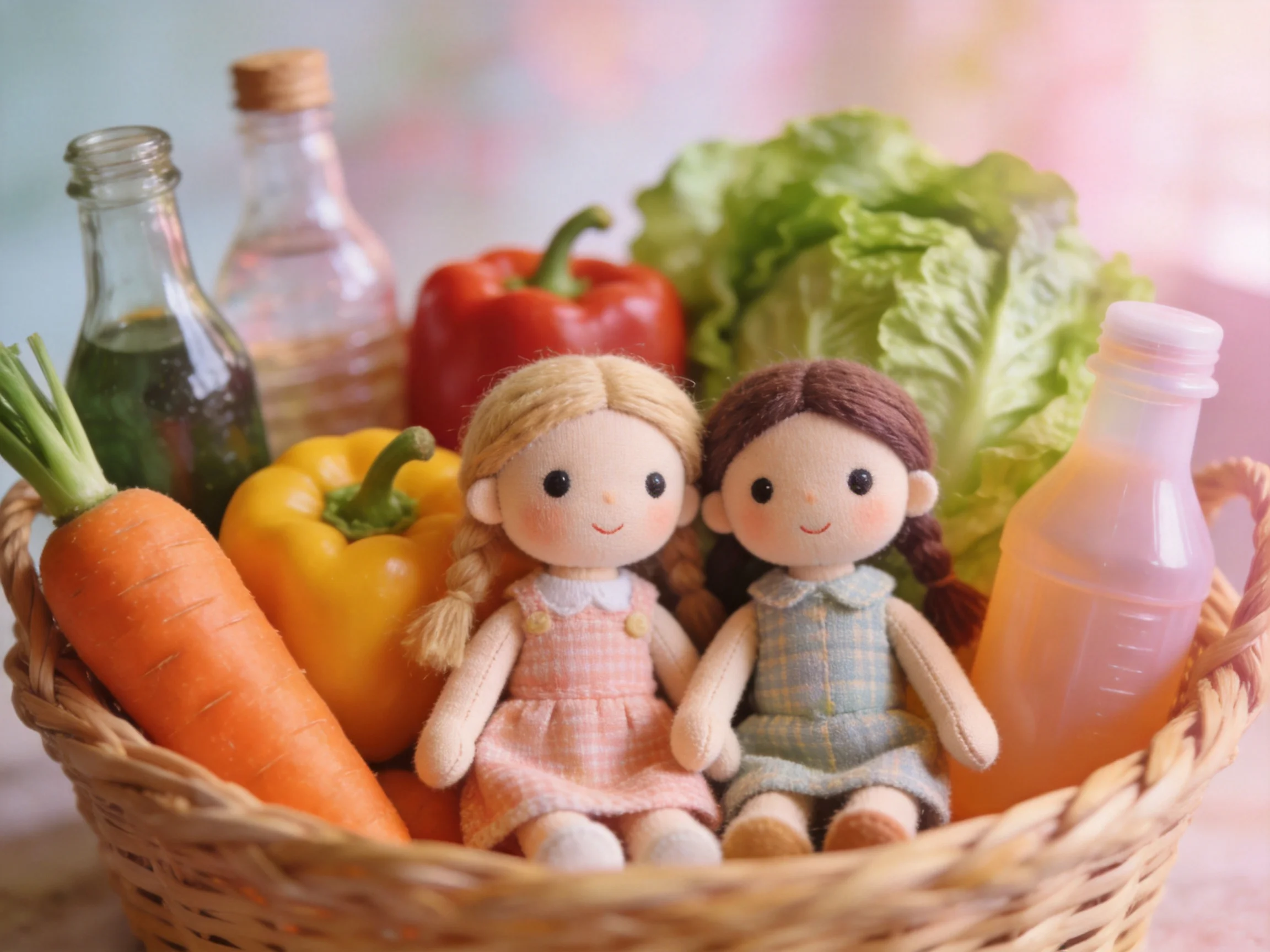 Two dolls sit among colorful vegetables and glass bottles in a wicker basket