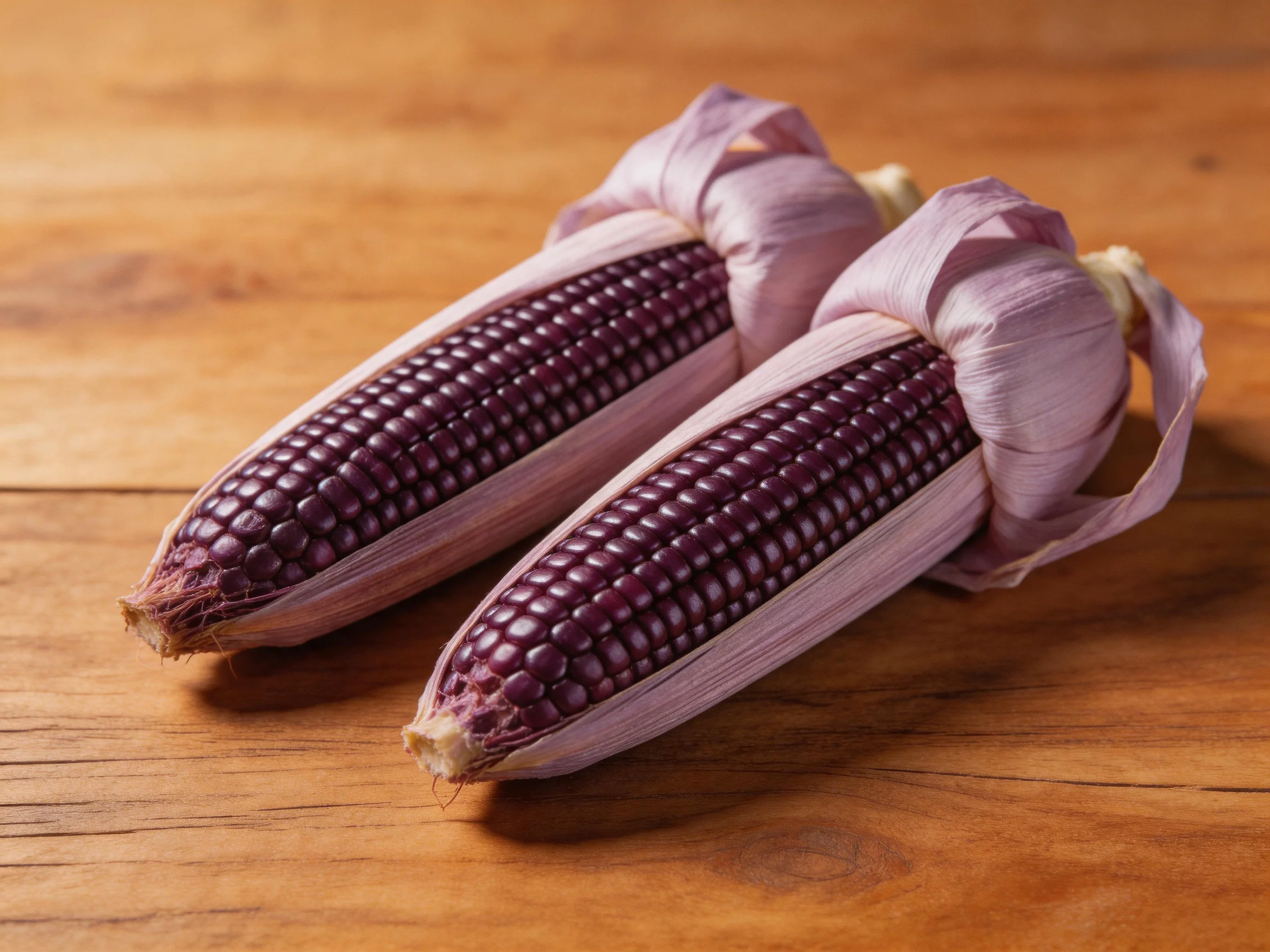 Two ears of deep purple corn with light pink husks on a wooden surface
