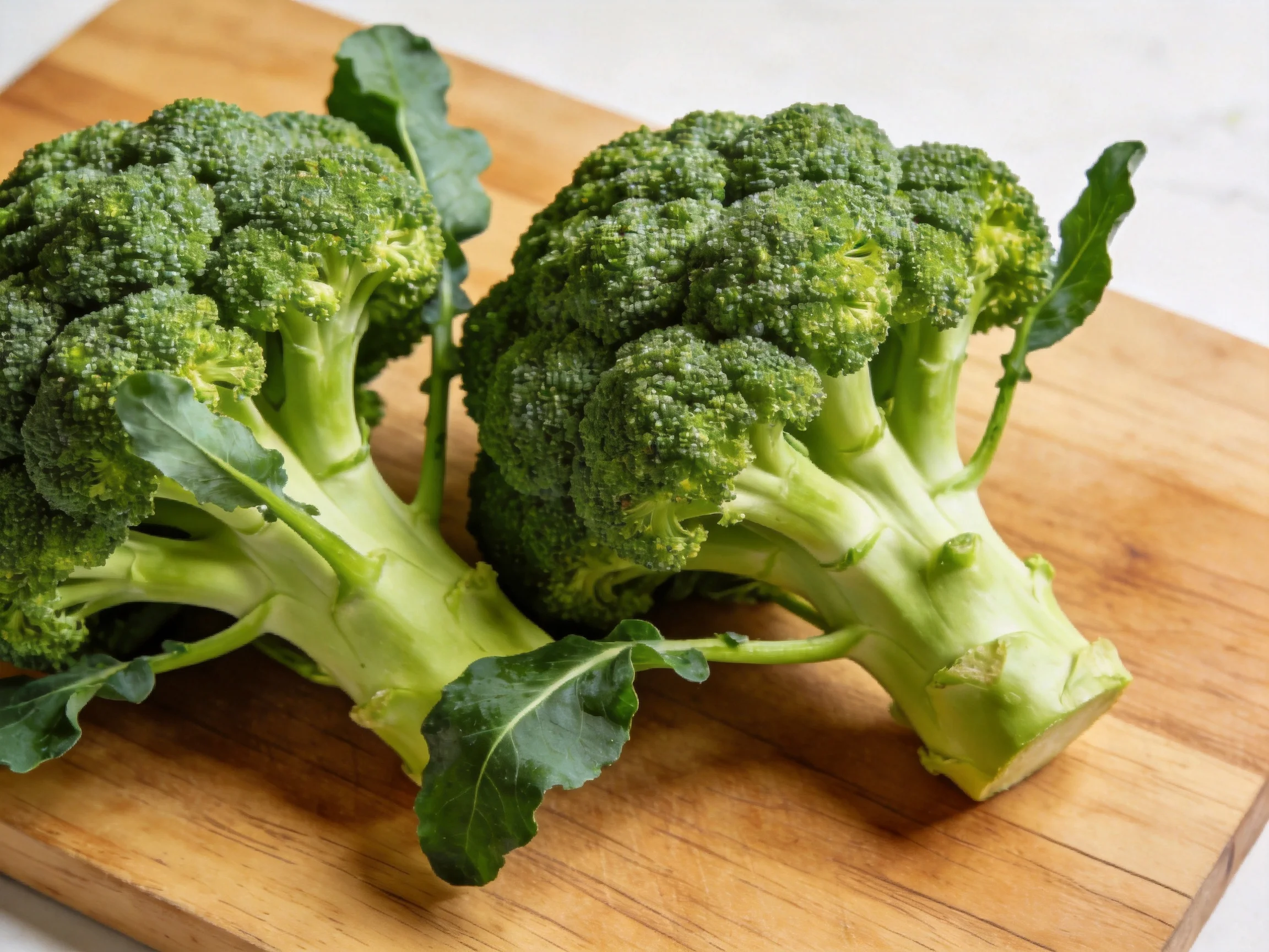 Two fresh broccoli heads with vibrant green florets on a wooden cutting board