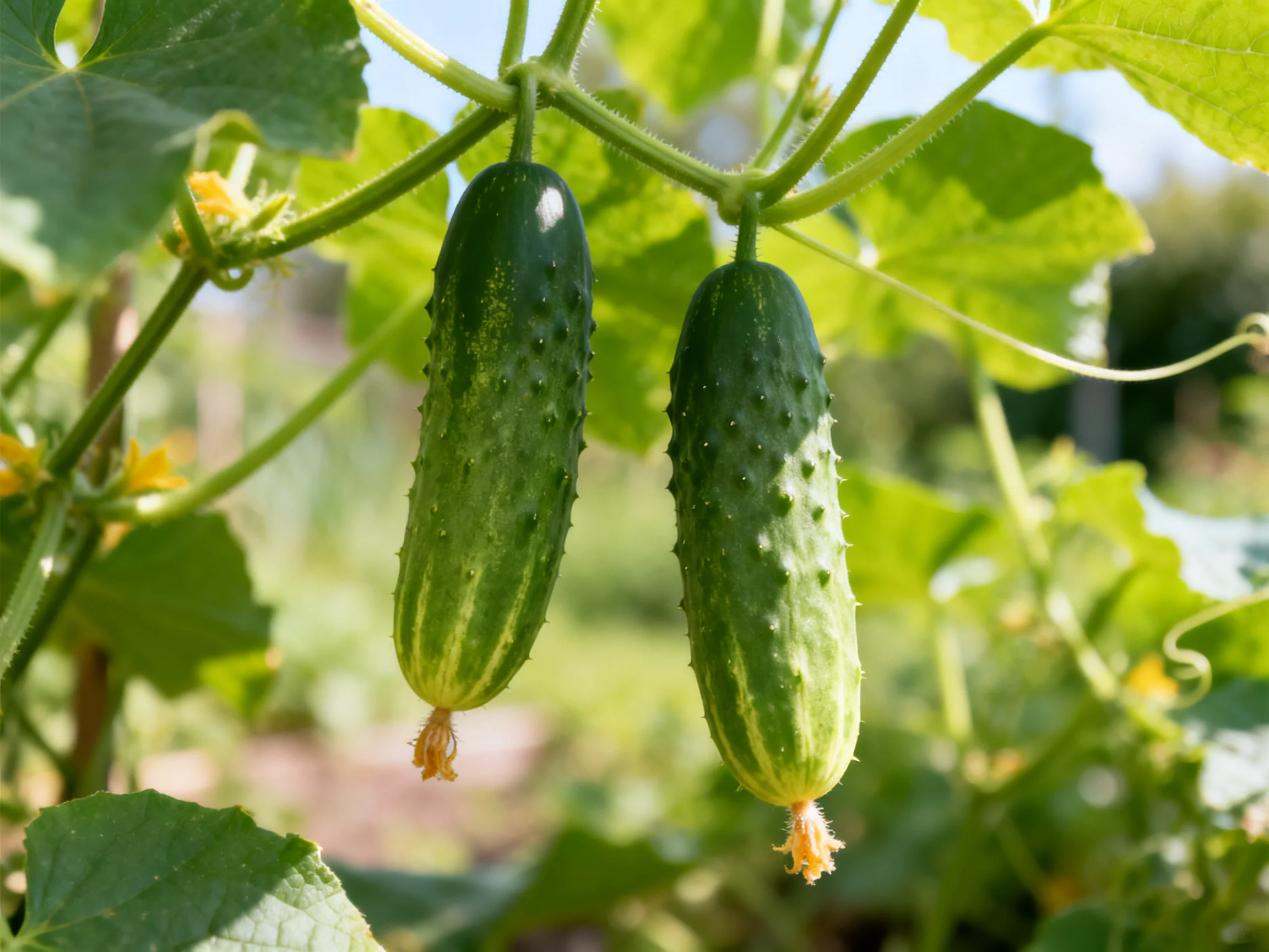 Two fresh cucumbers with spines hang from leafy vines in bright daylight