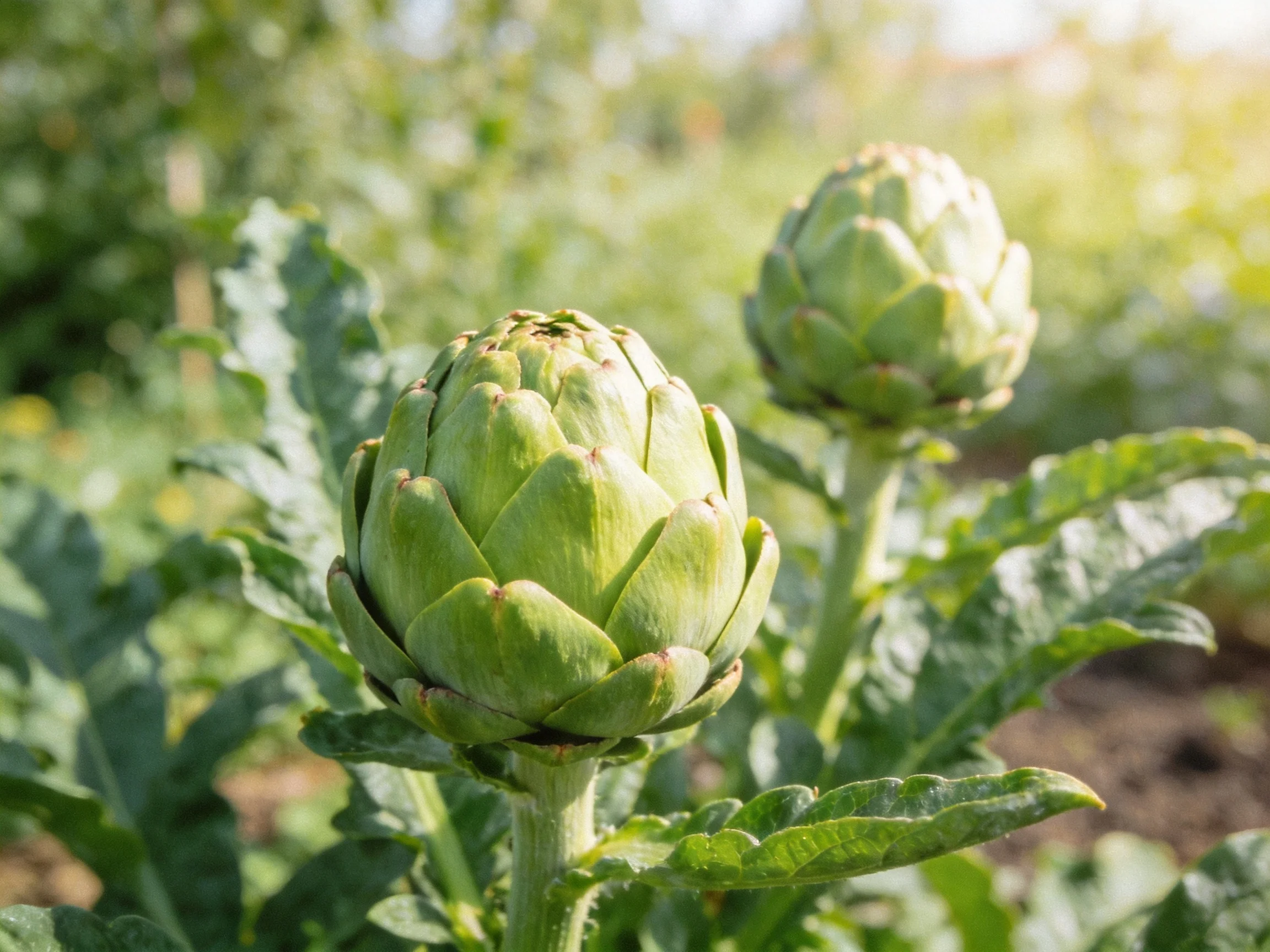 Two fresh green artichoke buds amidst broad leaves in a sunlit garden