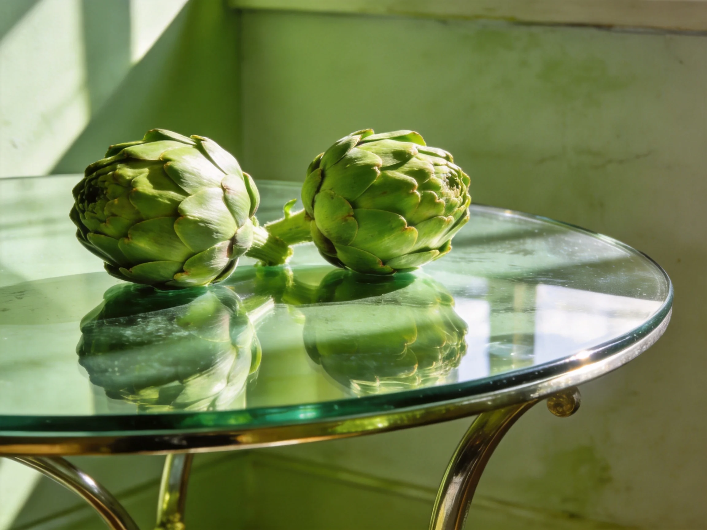 Two fresh green artichokes rest on a round glass table near a sunlit wall