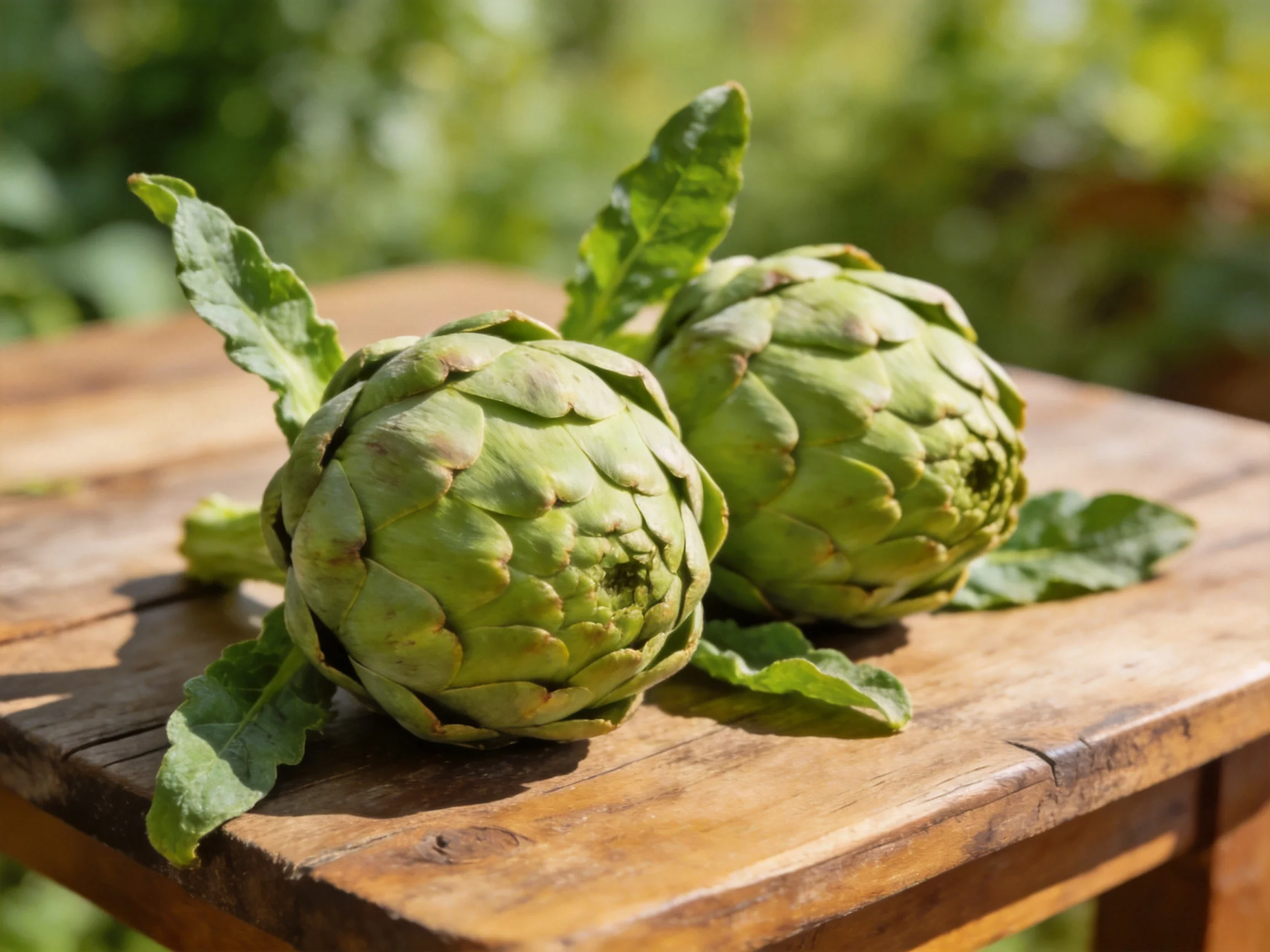 Two fresh green artichokes rest on an aged wooden table