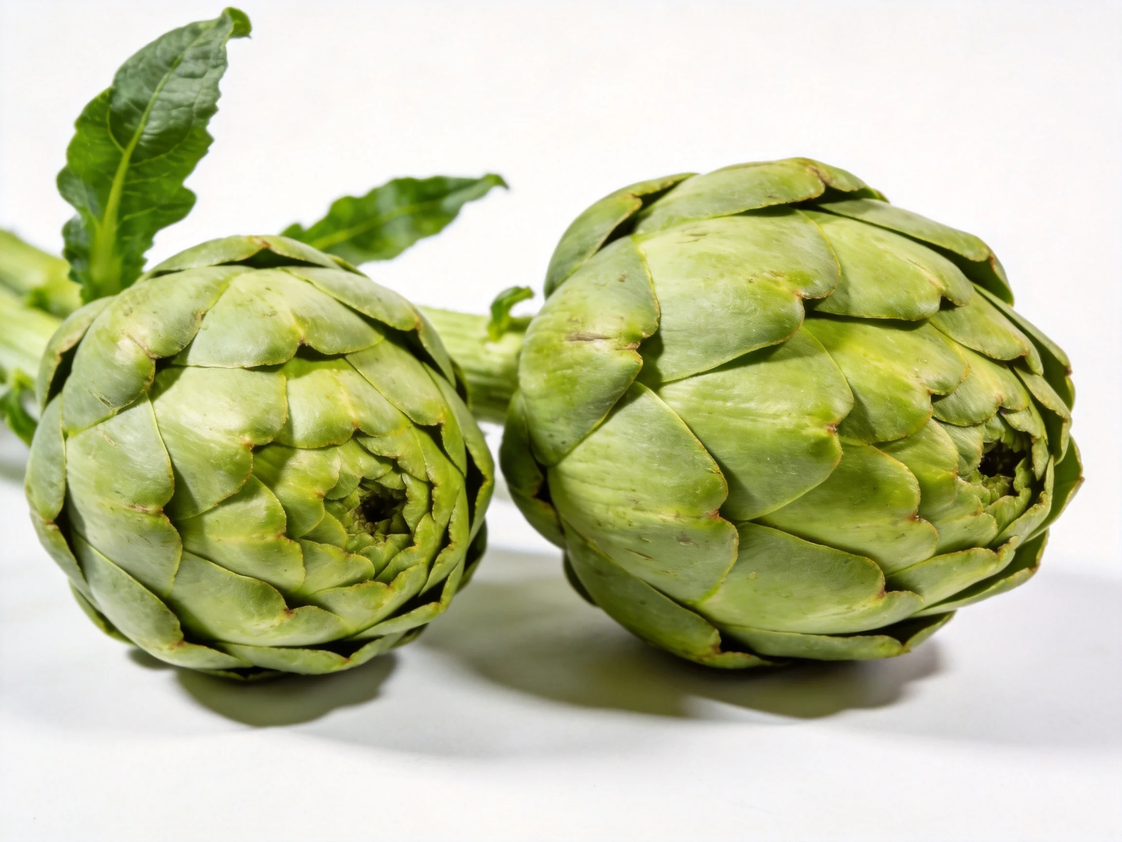 Two fresh green artichokes with leaves on plain white backdrop