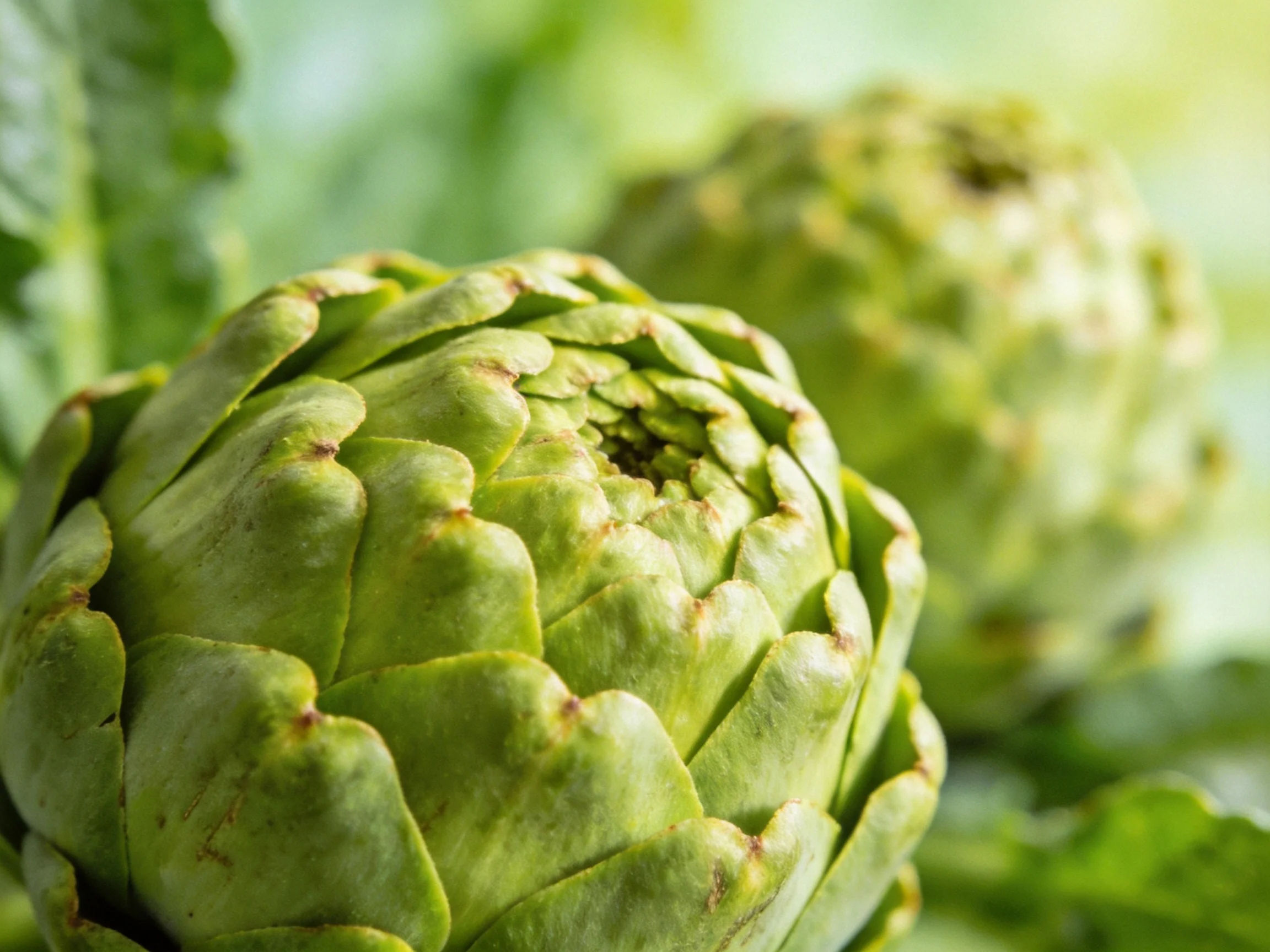 Two fresh green artichokes with textured outer petals