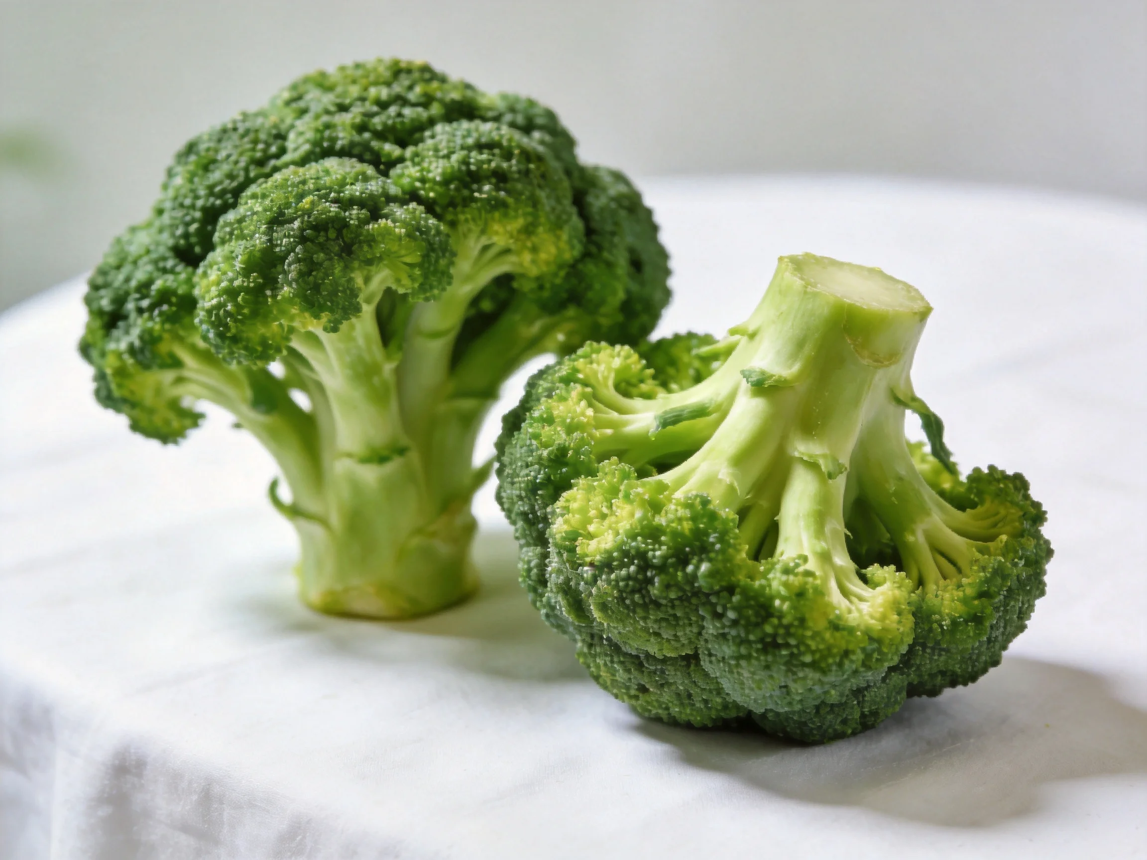 Two fresh green broccoli florets displayed on a white surface