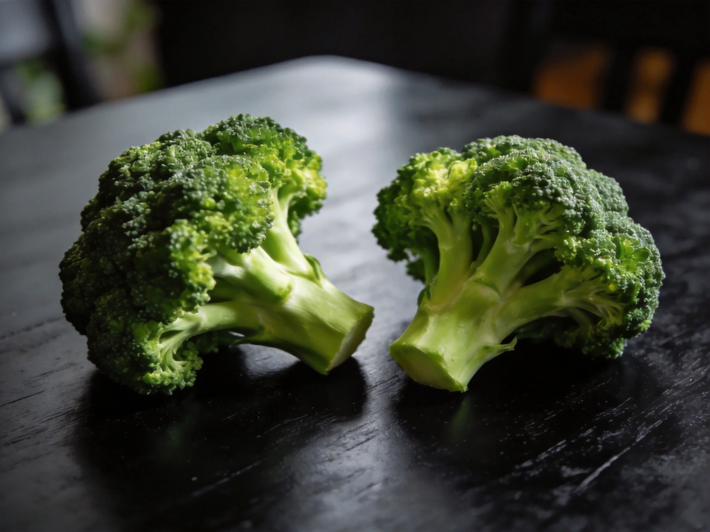 Two fresh green broccoli florets rest on a glossy black wooden surface