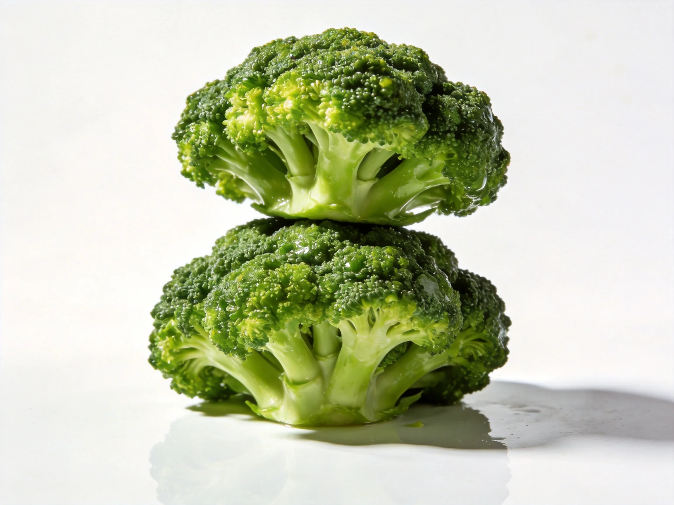 Two fresh green broccoli florets stacked one atop another