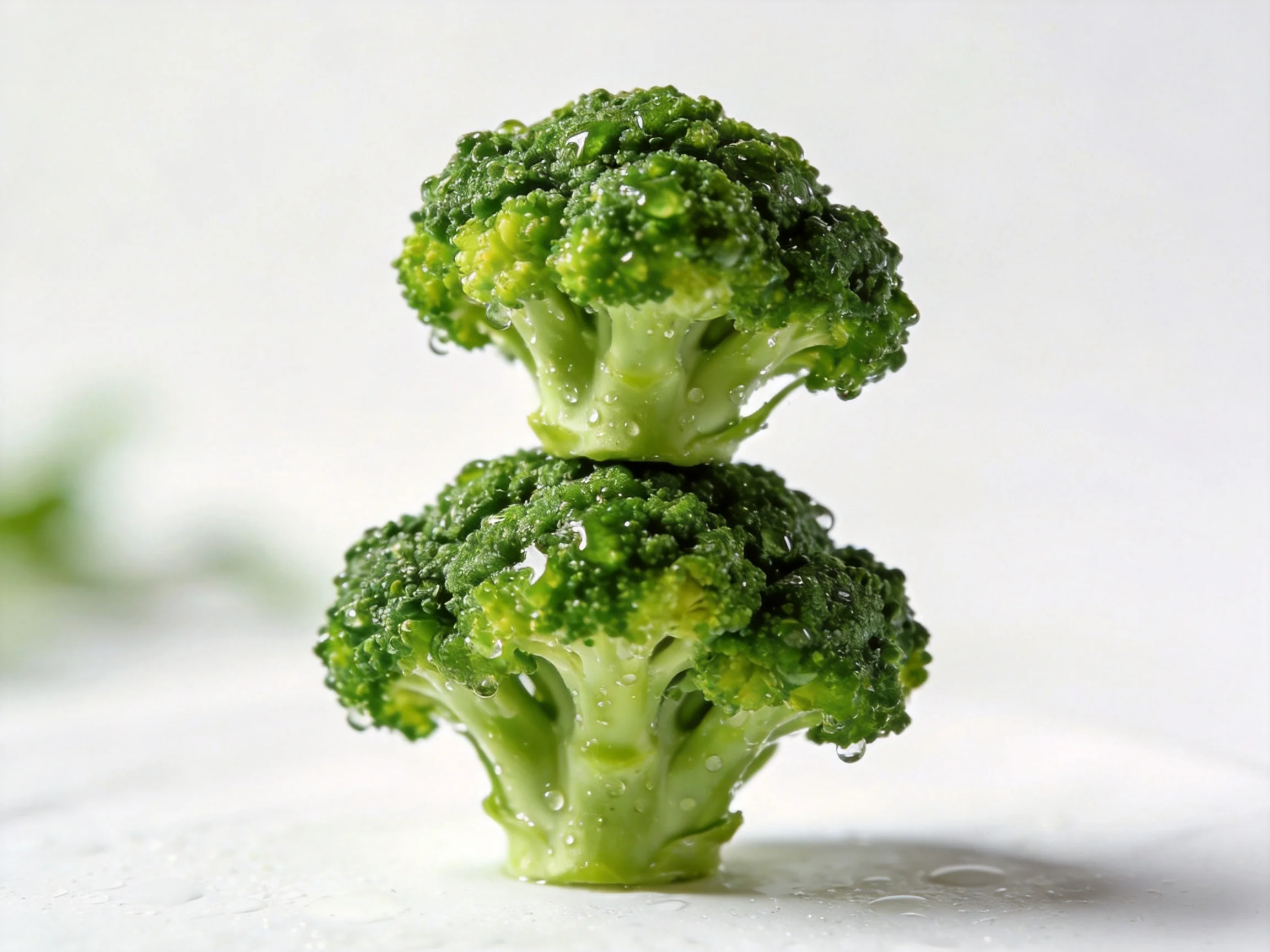 Two fresh green broccoli florets stacked vertically with water droplets