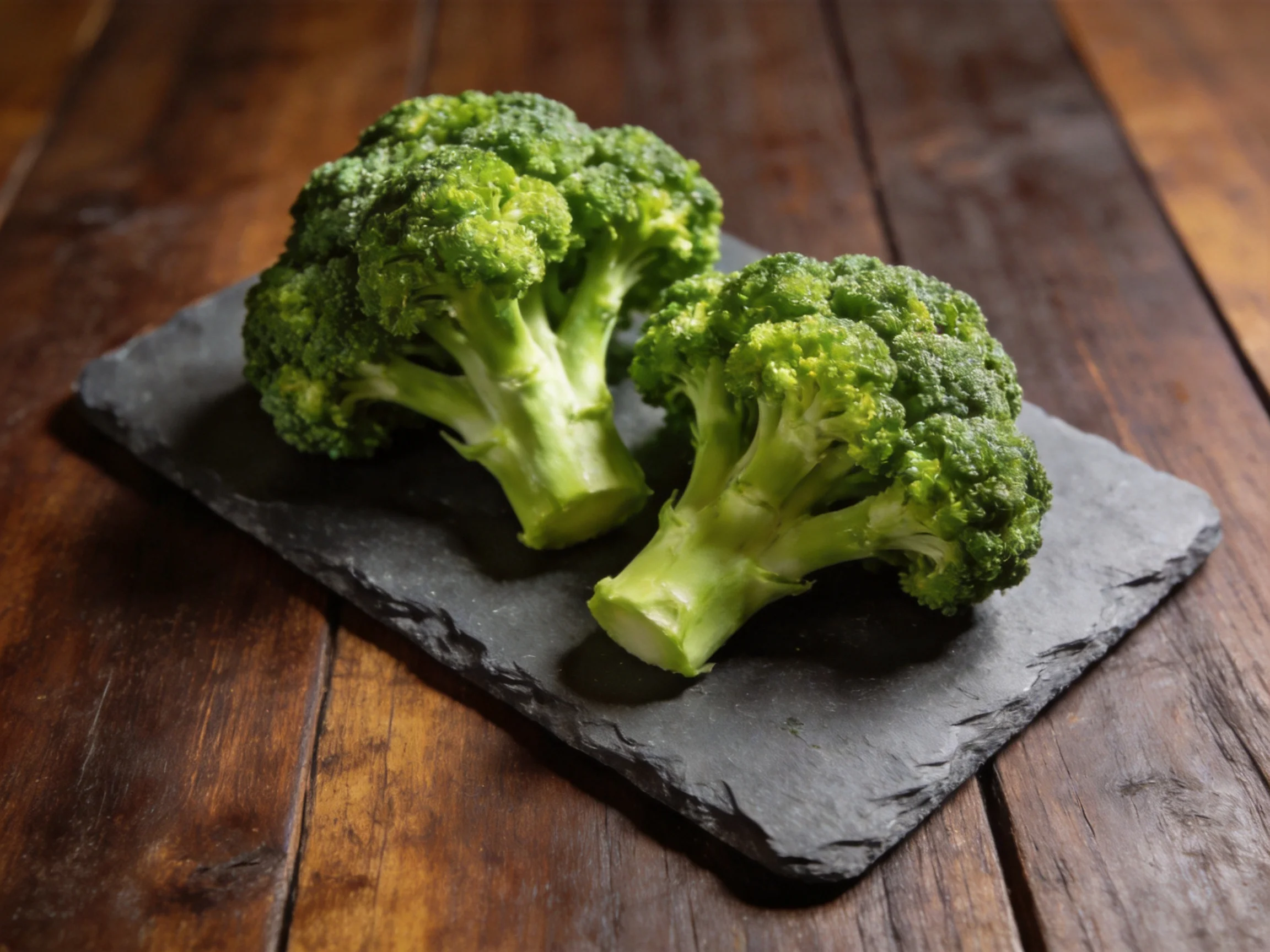 Two fresh green broccoli heads on a slate serving board