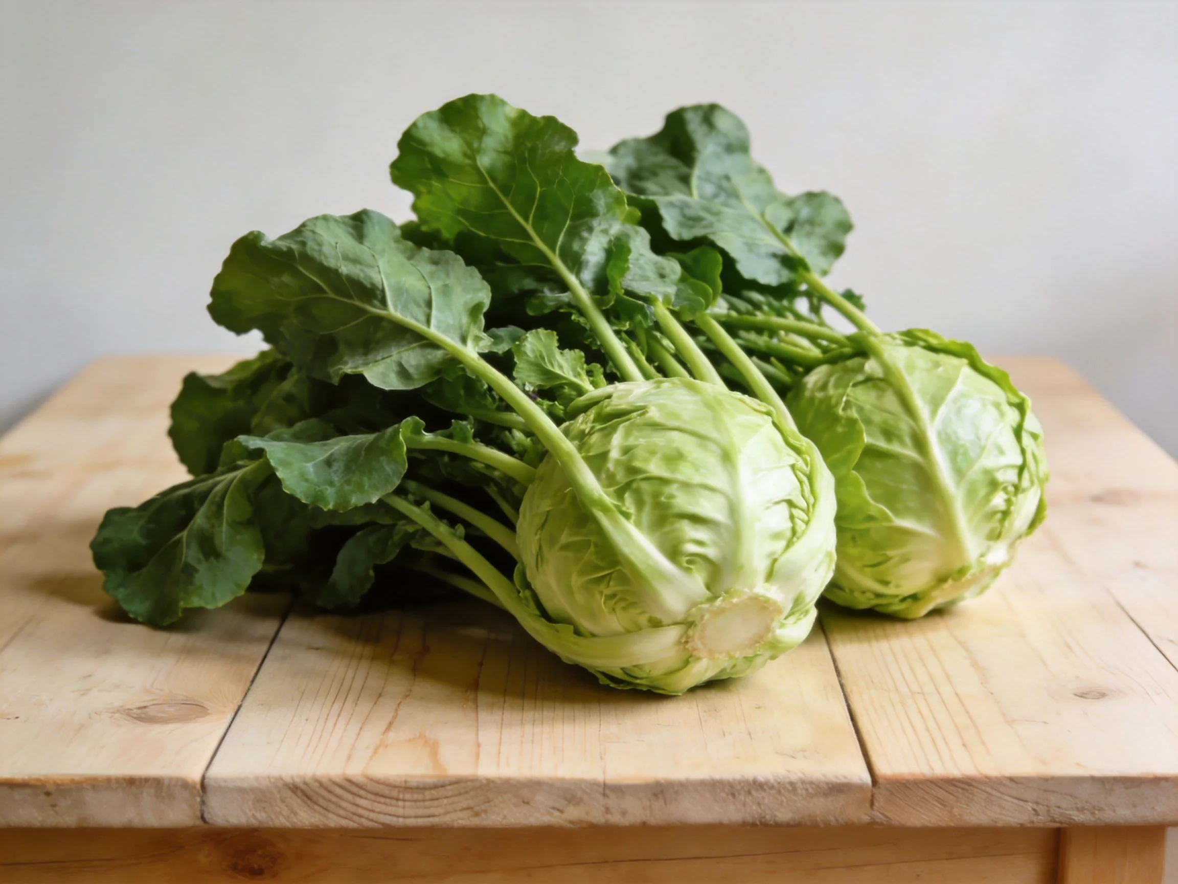 Two fresh green cabbages with leafy greens on a wooden cutting board