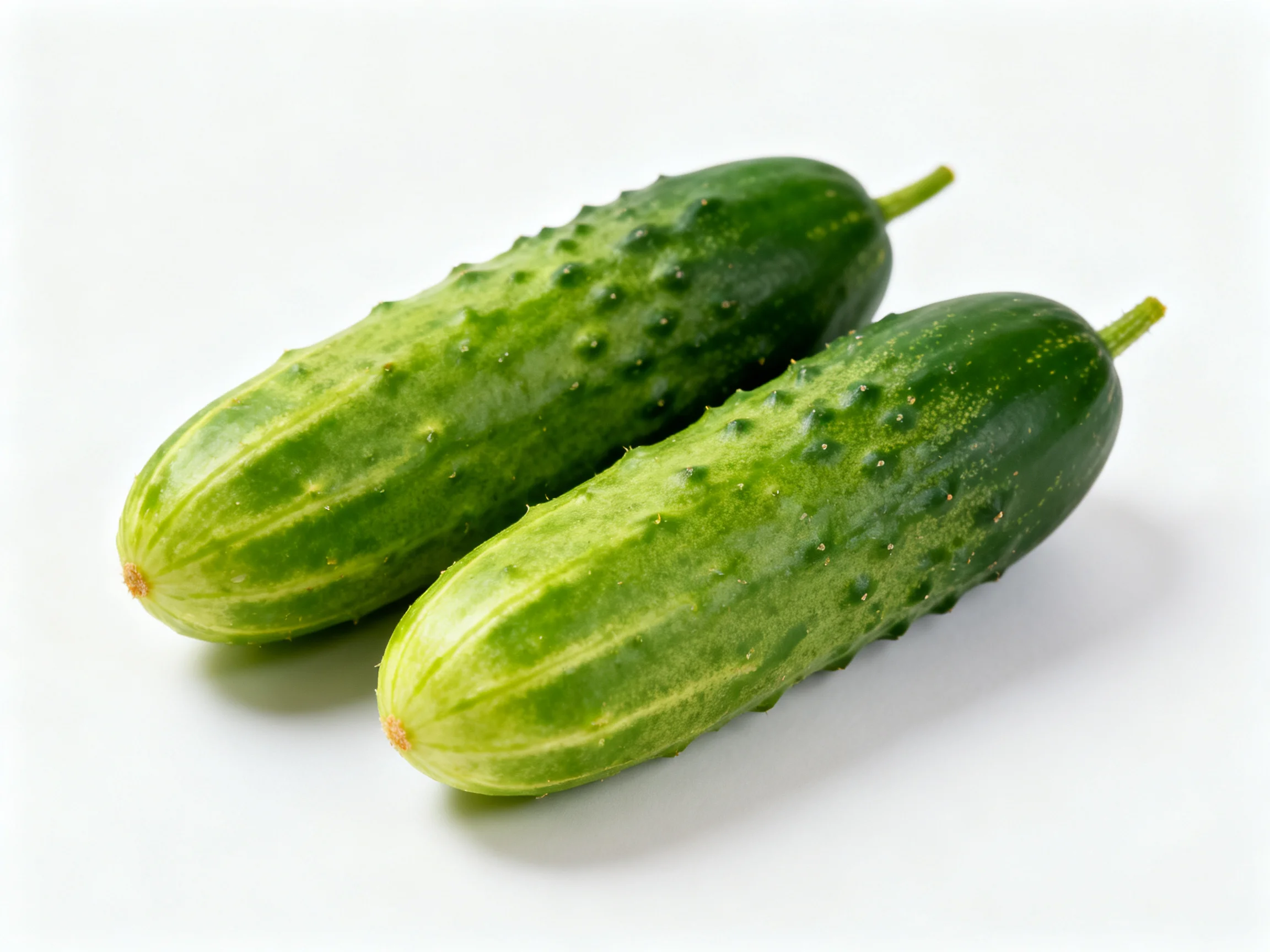 Two fresh green cucumbers with bumpy exteriors on white surface