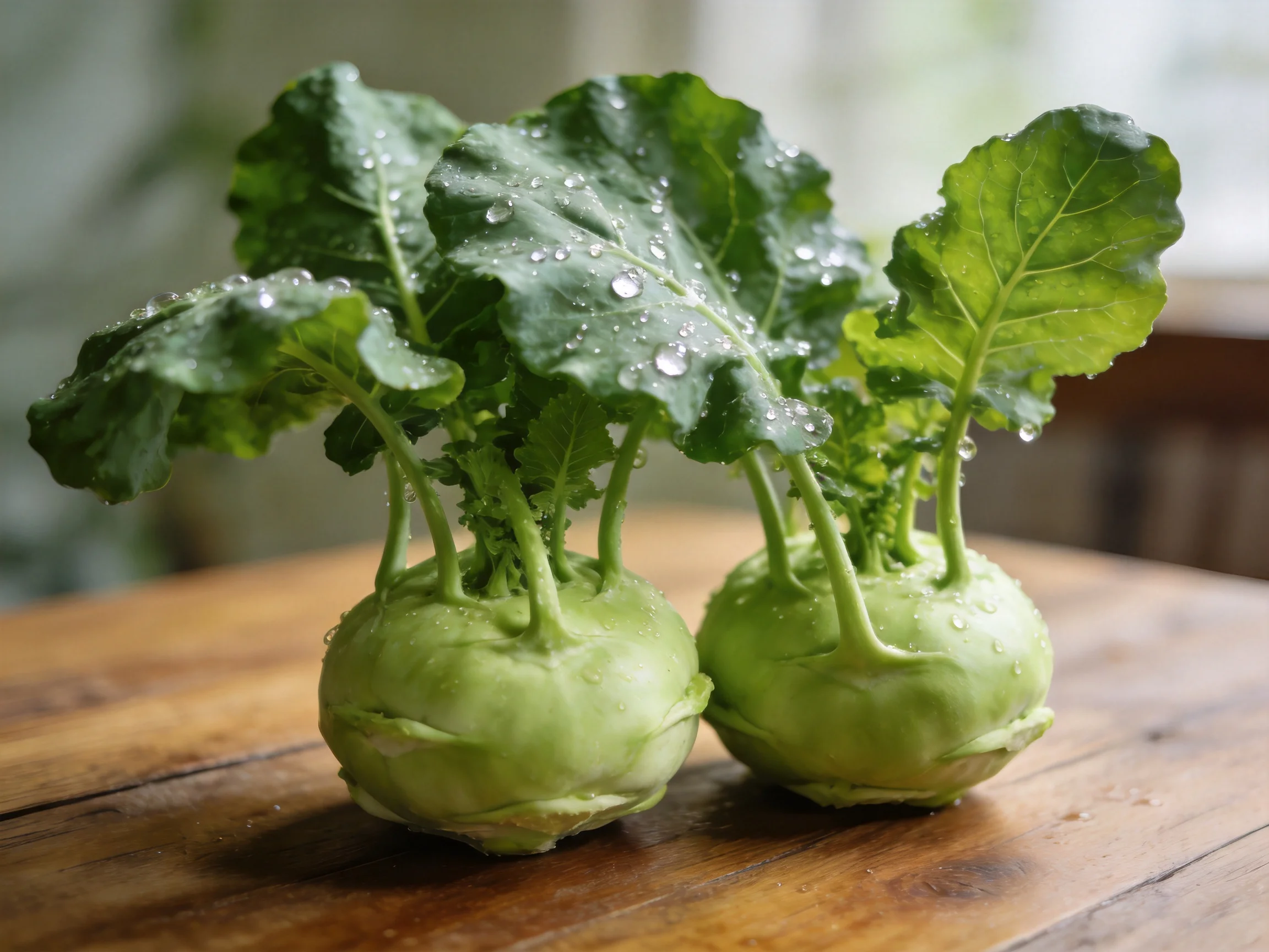 Two fresh green kohlrabi bulbs with dewy leaves on a wooden table