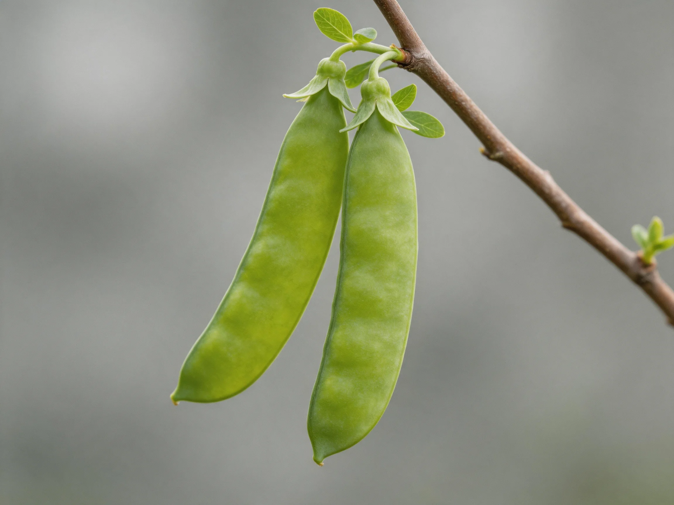 Two fresh green pea pods hang from a slender brown branch