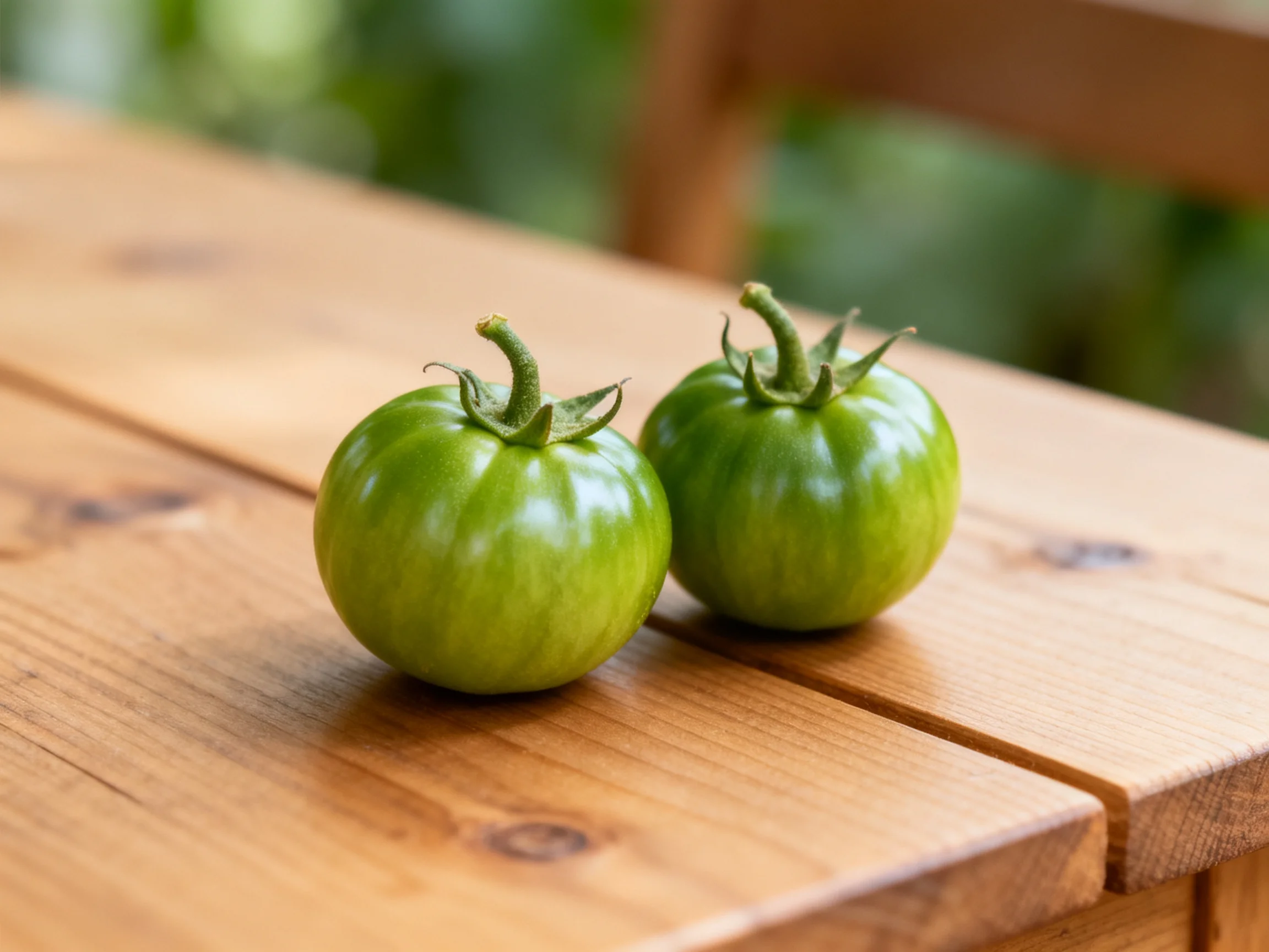 Two fresh green tomatoes rest on a polished wooden table