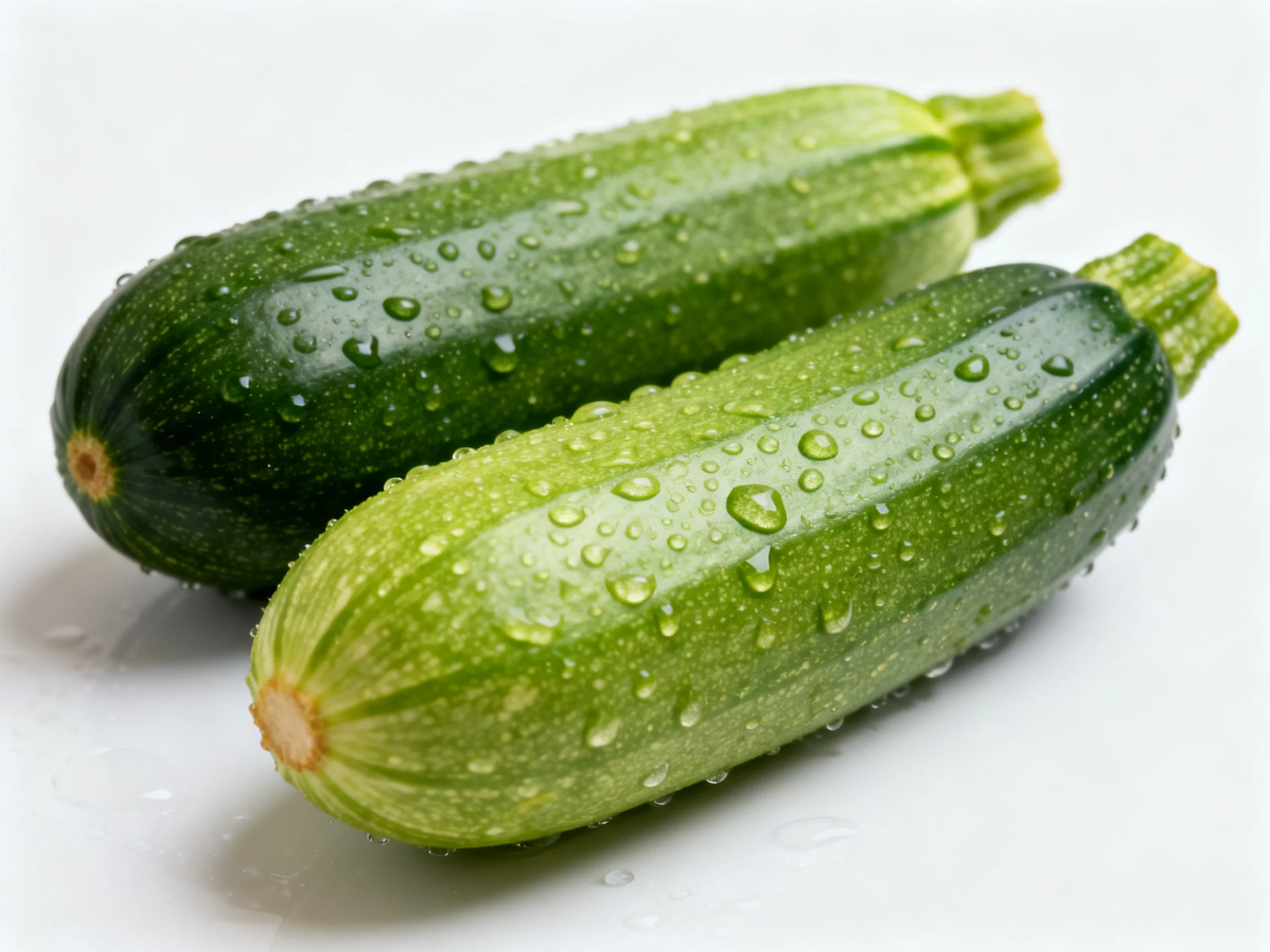 Two fresh green zucchinis with water droplets on a white surface