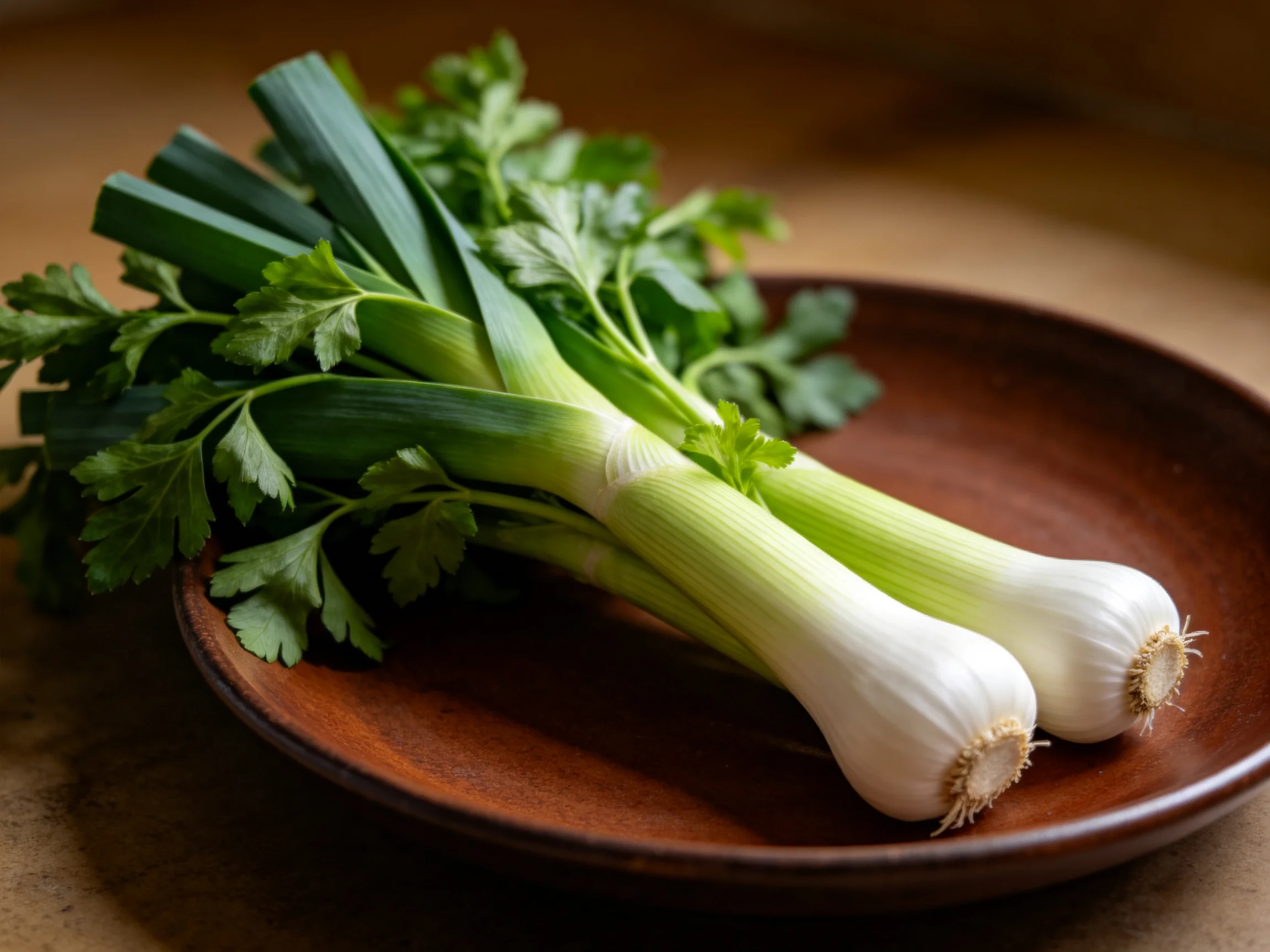 Two fresh leeks with parsley on a brown ceramic plate