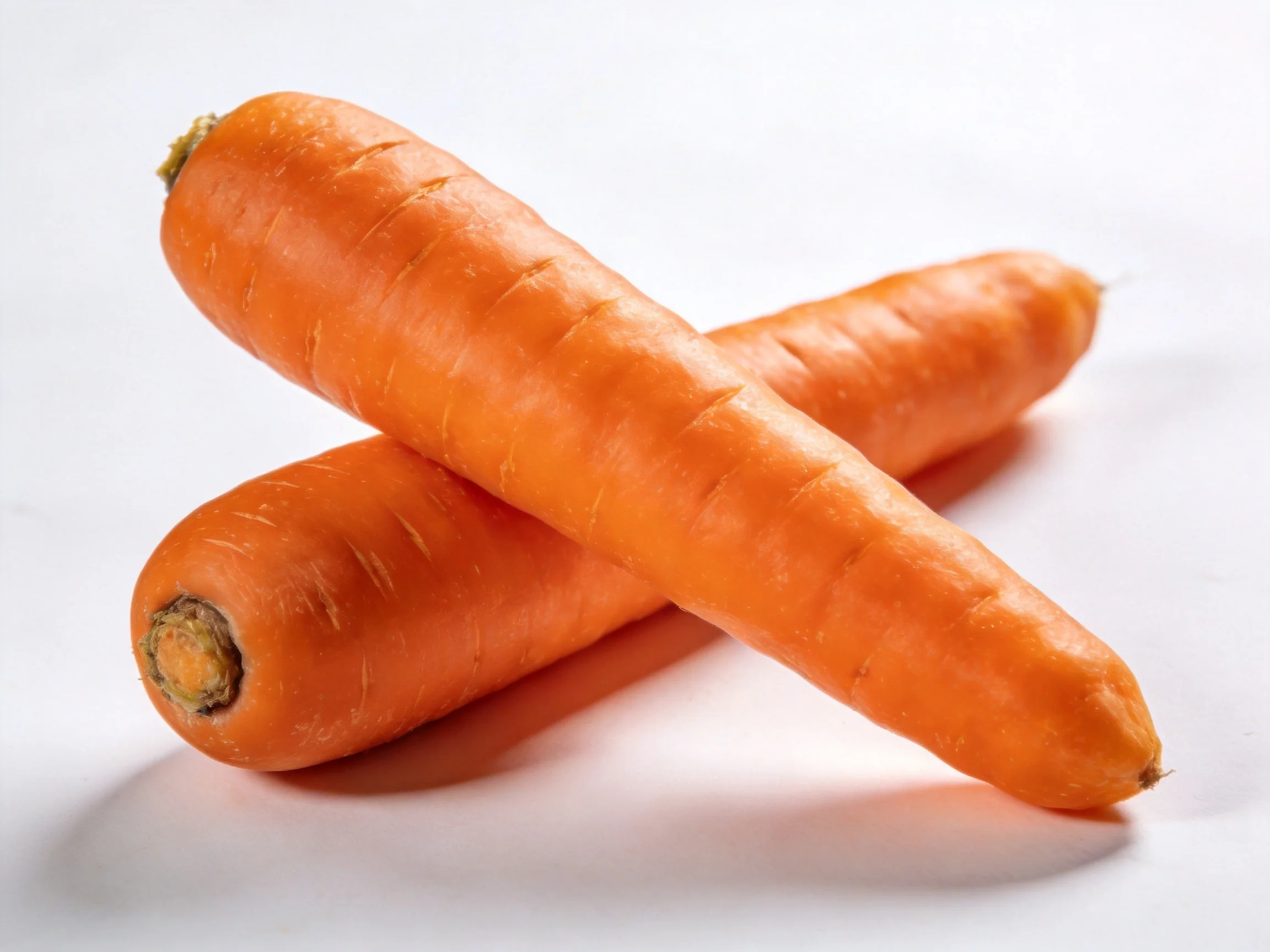Two fresh orange carrots crossed on a white background