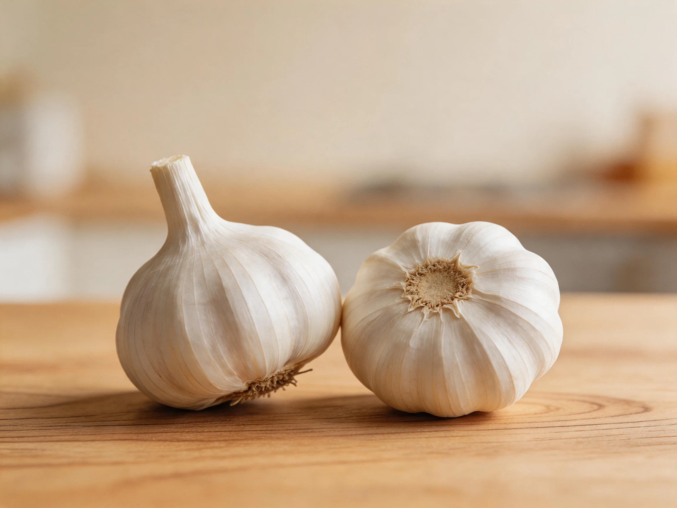 Two fresh white garlic bulbs sit on a smooth wooden surface