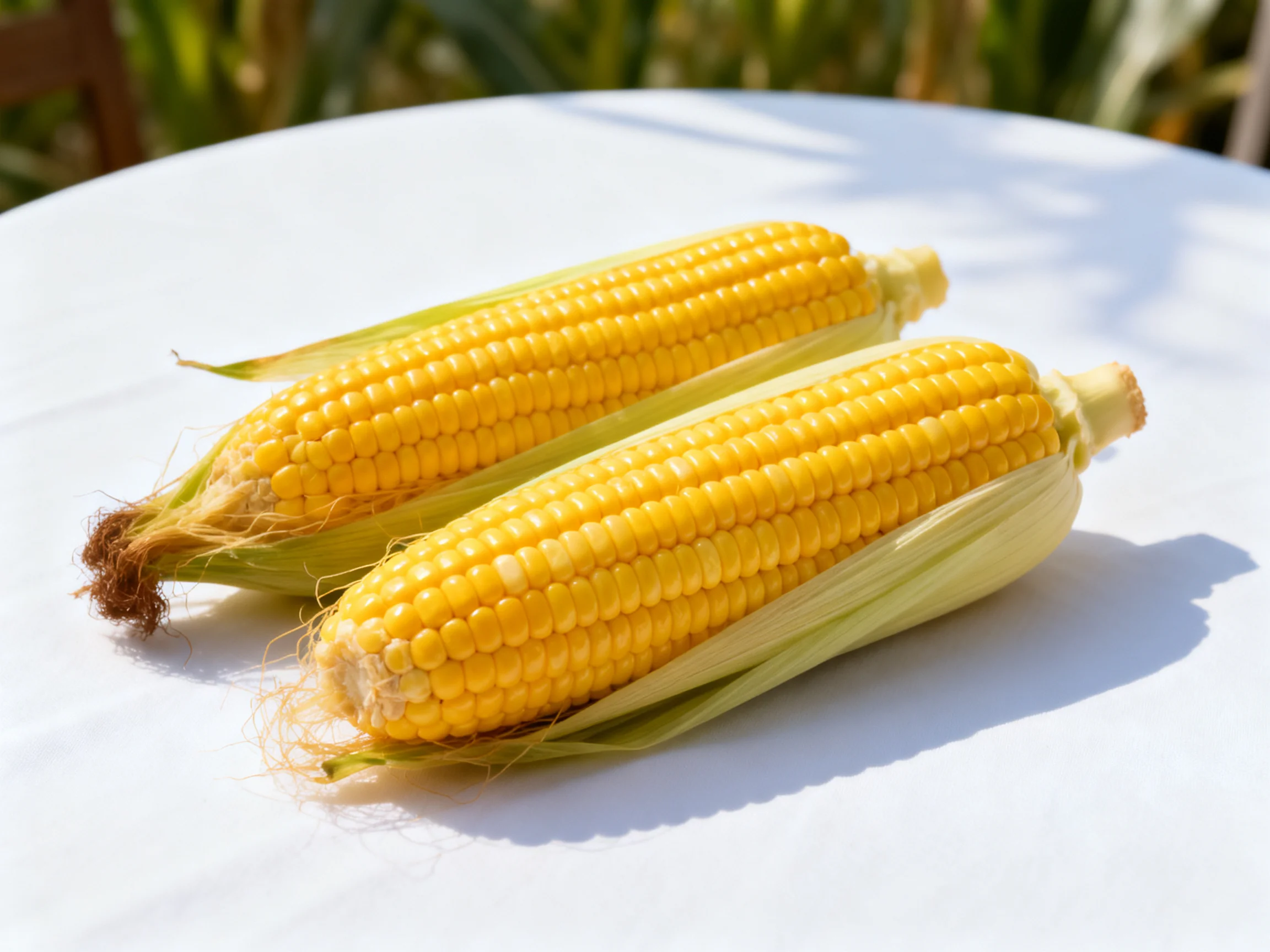 Two fresh yellow corn cobs displayed on a white outdoor table