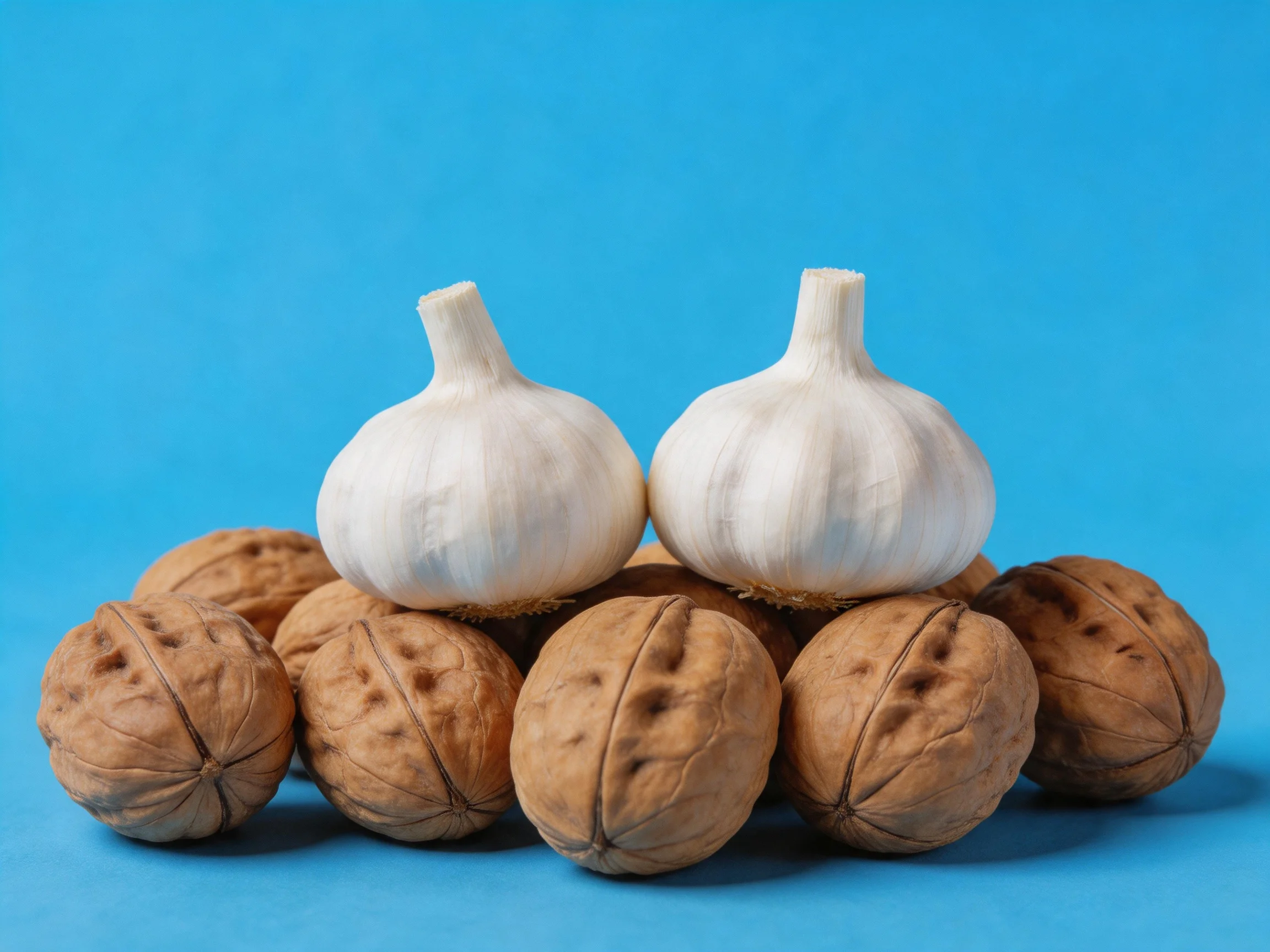Two garlic bulbs rest atop several walnuts against a bright blue background