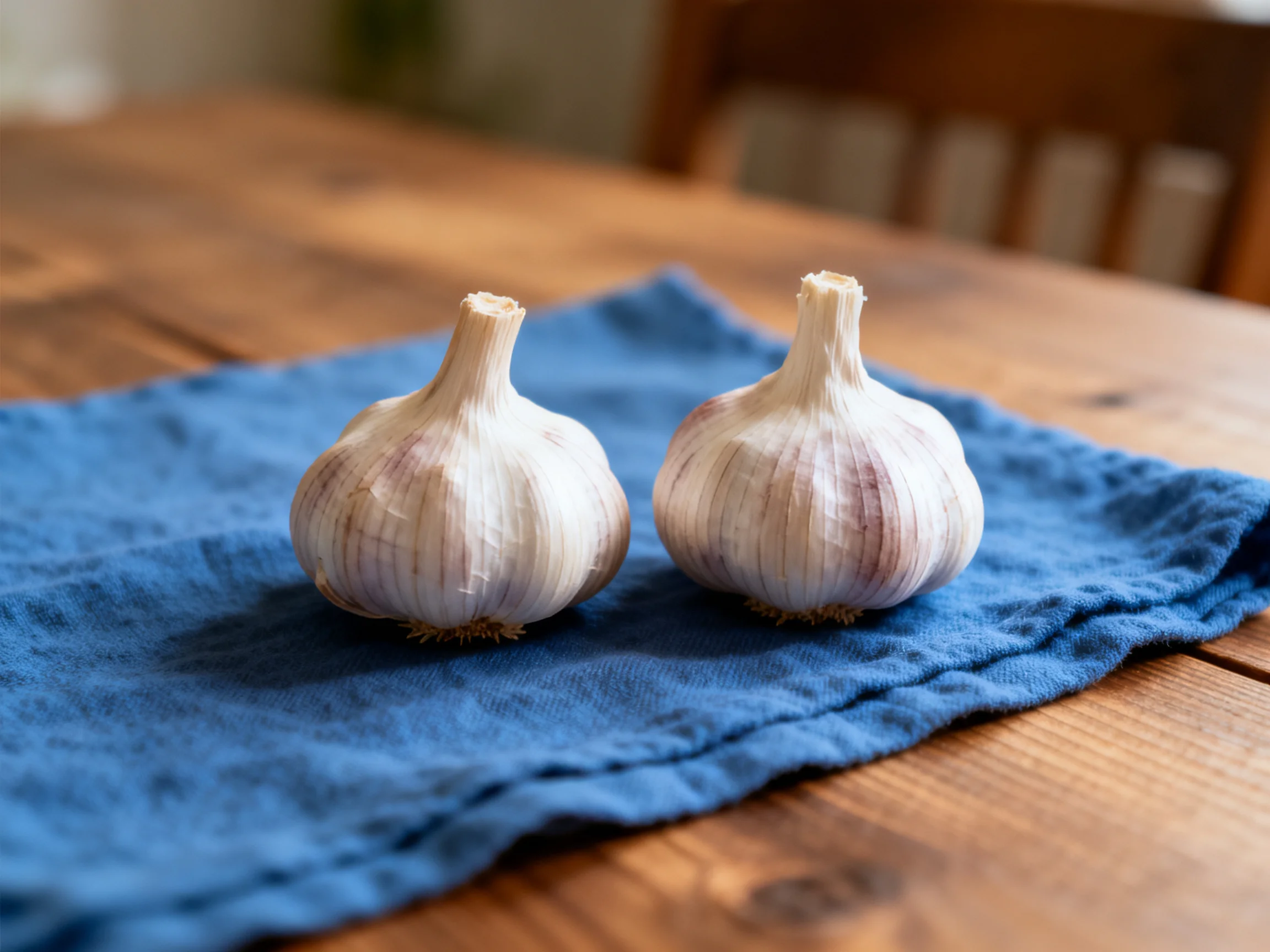Two garlic bulbs rest on a blue cloth atop a wooden table