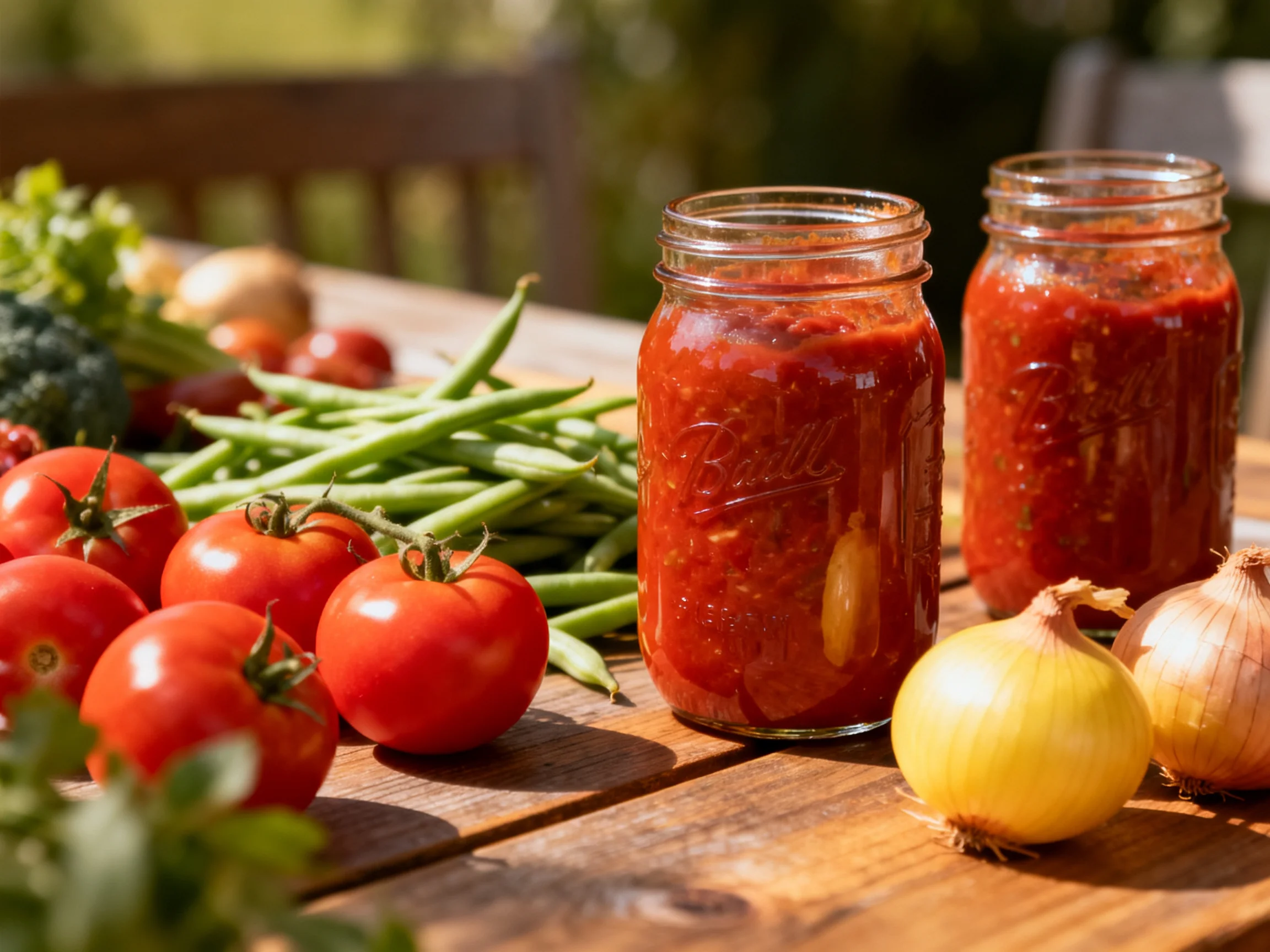 Two glass jars of vibrant red tomato sauce alongside fresh vegetables on a wooden table