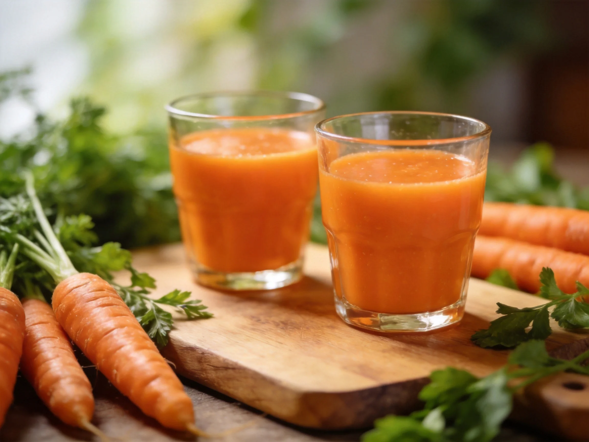 Two glasses of bright orange carrot juice near fresh whole carrots on a wooden board