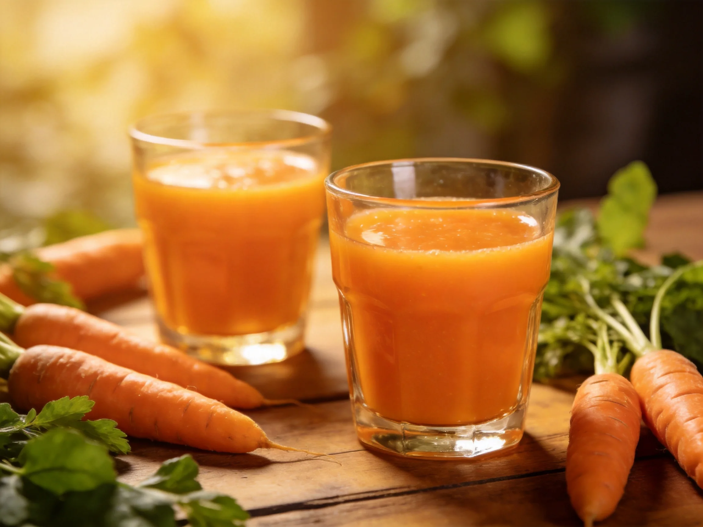 Two glasses of carrot juice beside fresh carrots on a wooden surface