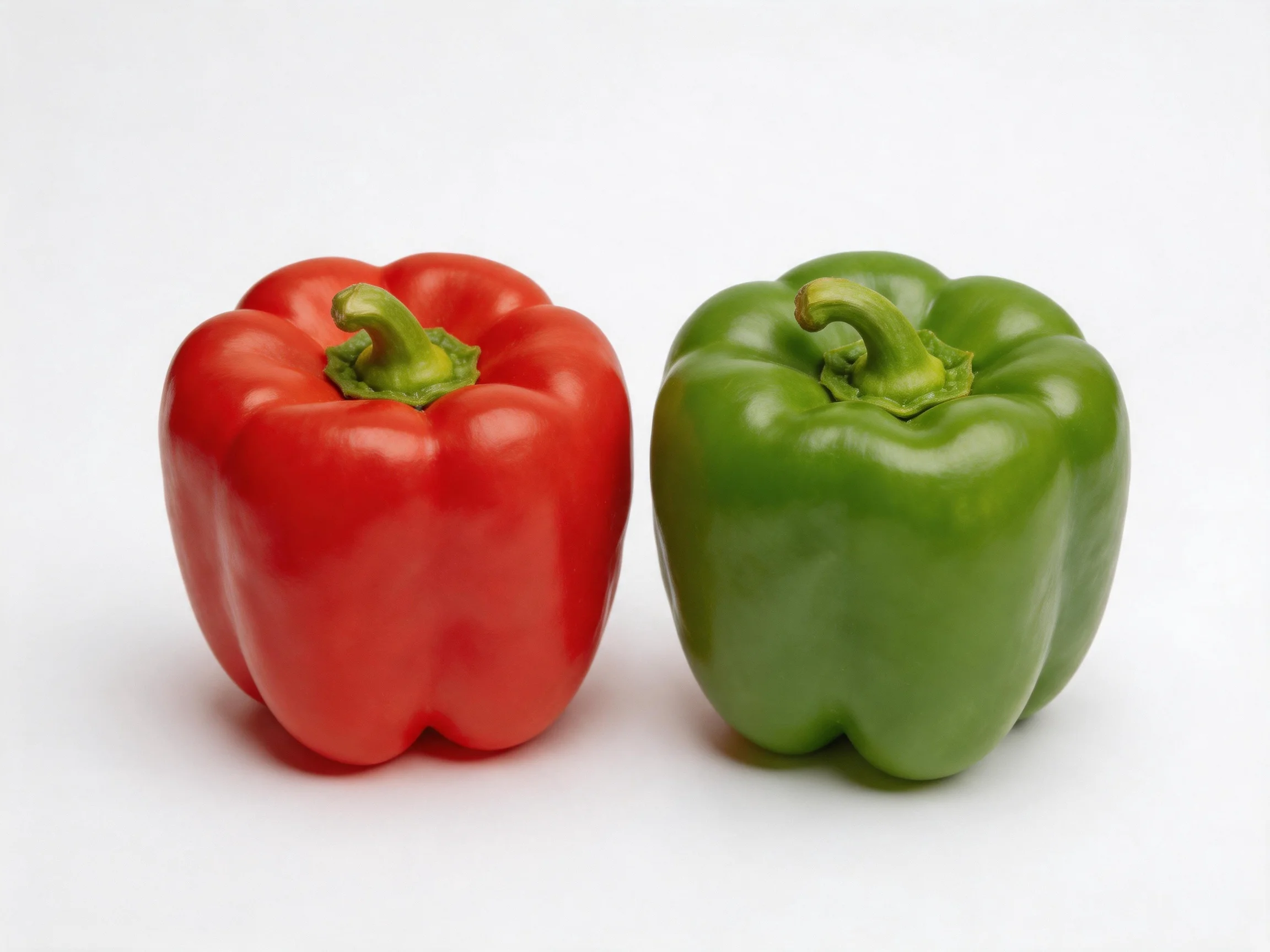 Two glossy bell peppers, one red and one green, positioned adjacent to each other.