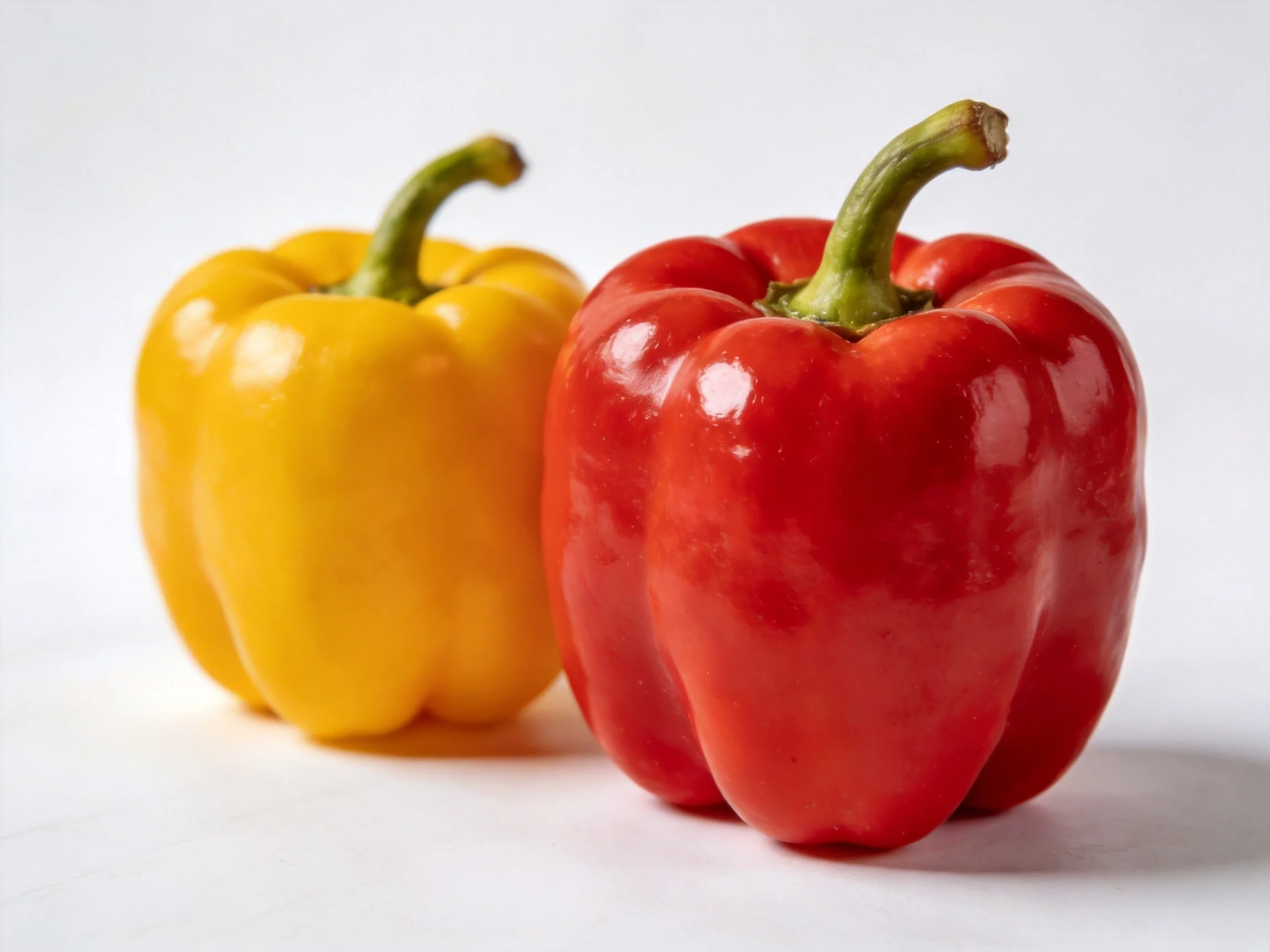 Two glossy bell peppers, one red and one yellow, arranged on a white surface.