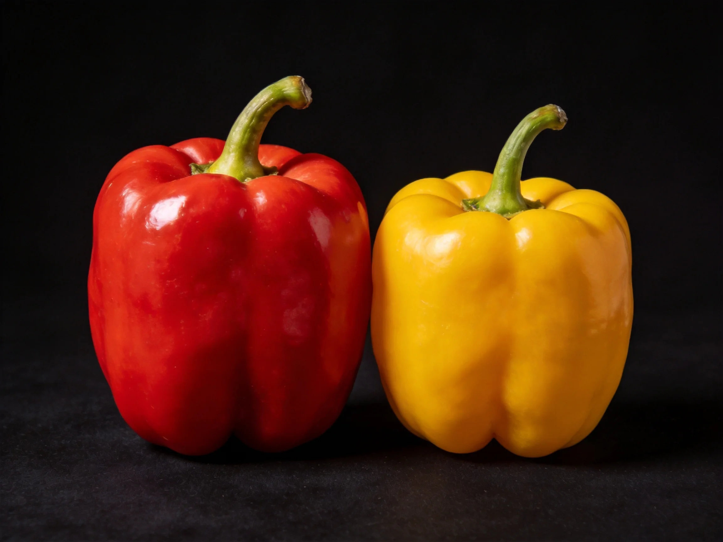 Two glossy bell peppers, one red and one yellow, displayed side by side on a black surface