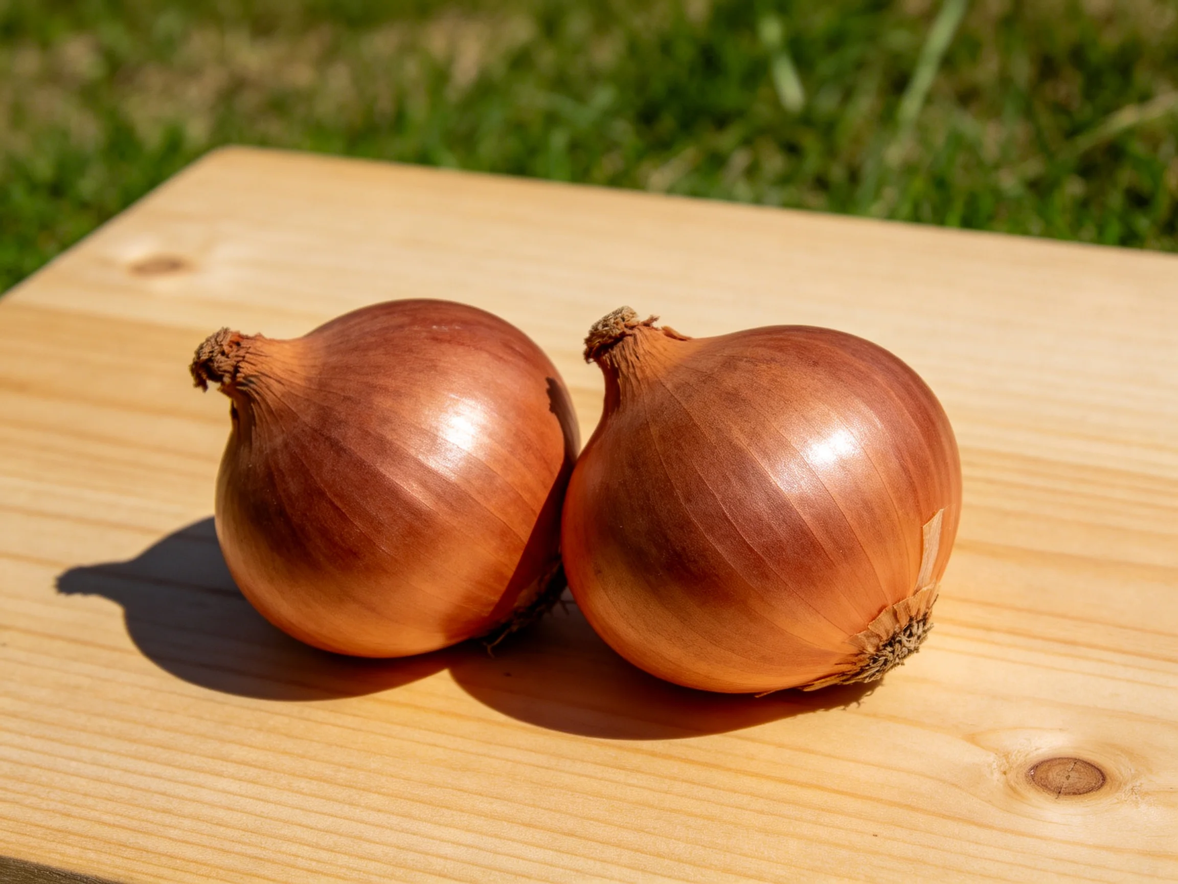 Two glossy brown onions placed on a light wooden board beside green grass