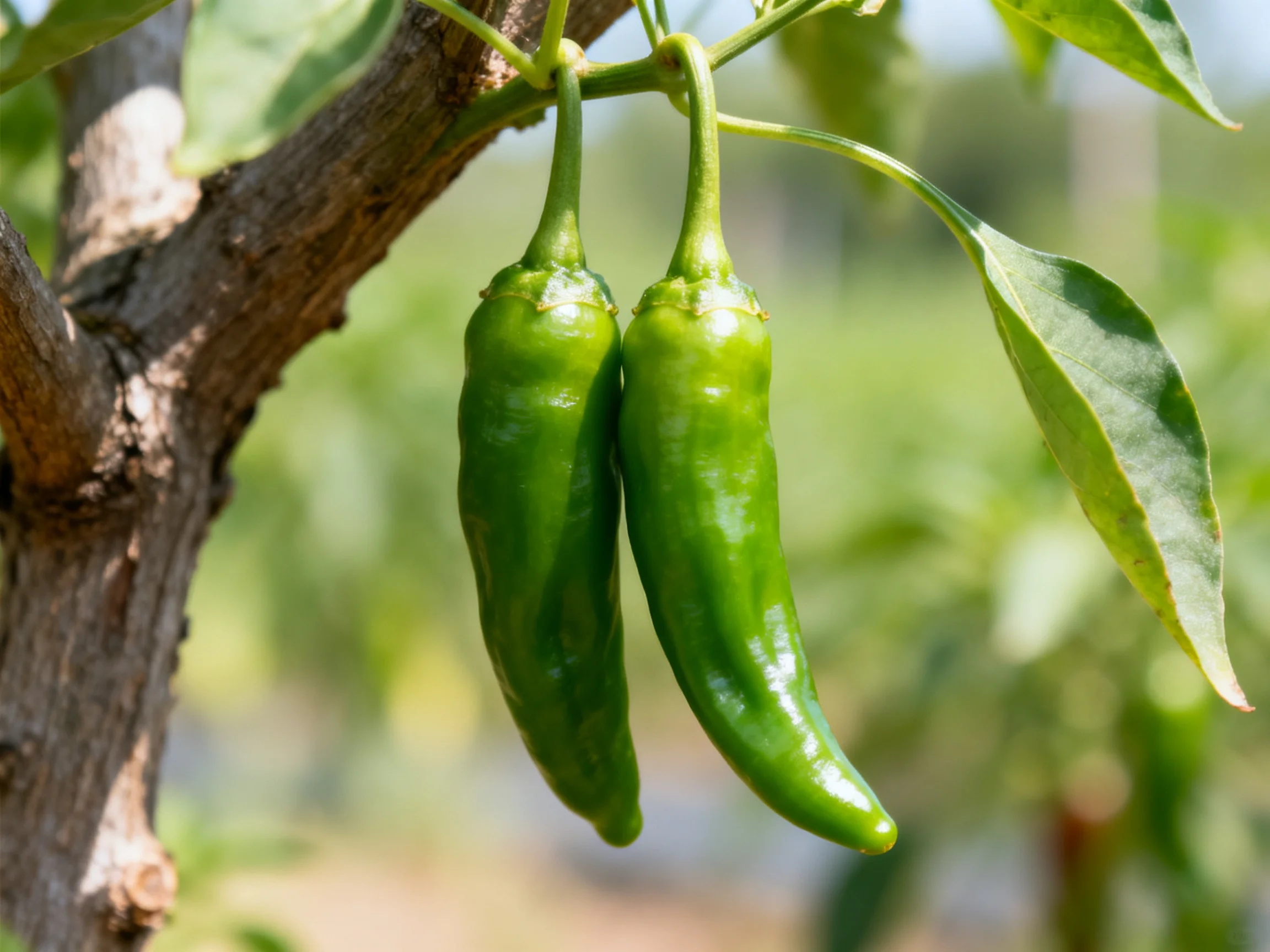 Two glossy green chili peppers hang from a tree branch