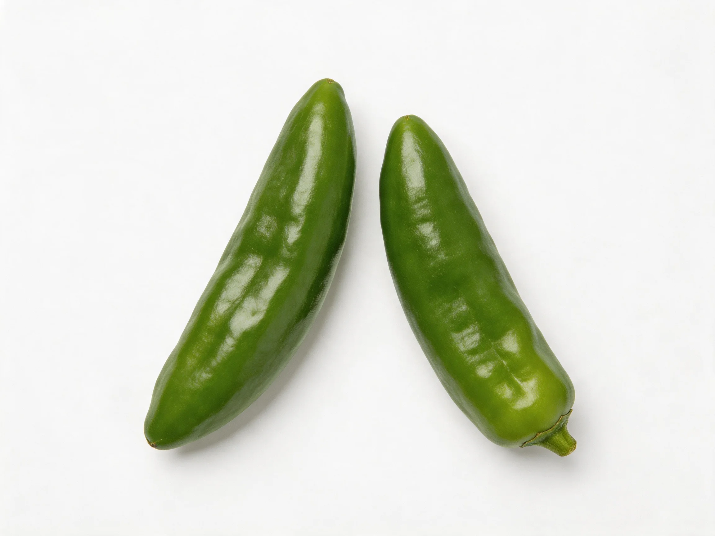 Two glossy green chili peppers positioned on a white surface