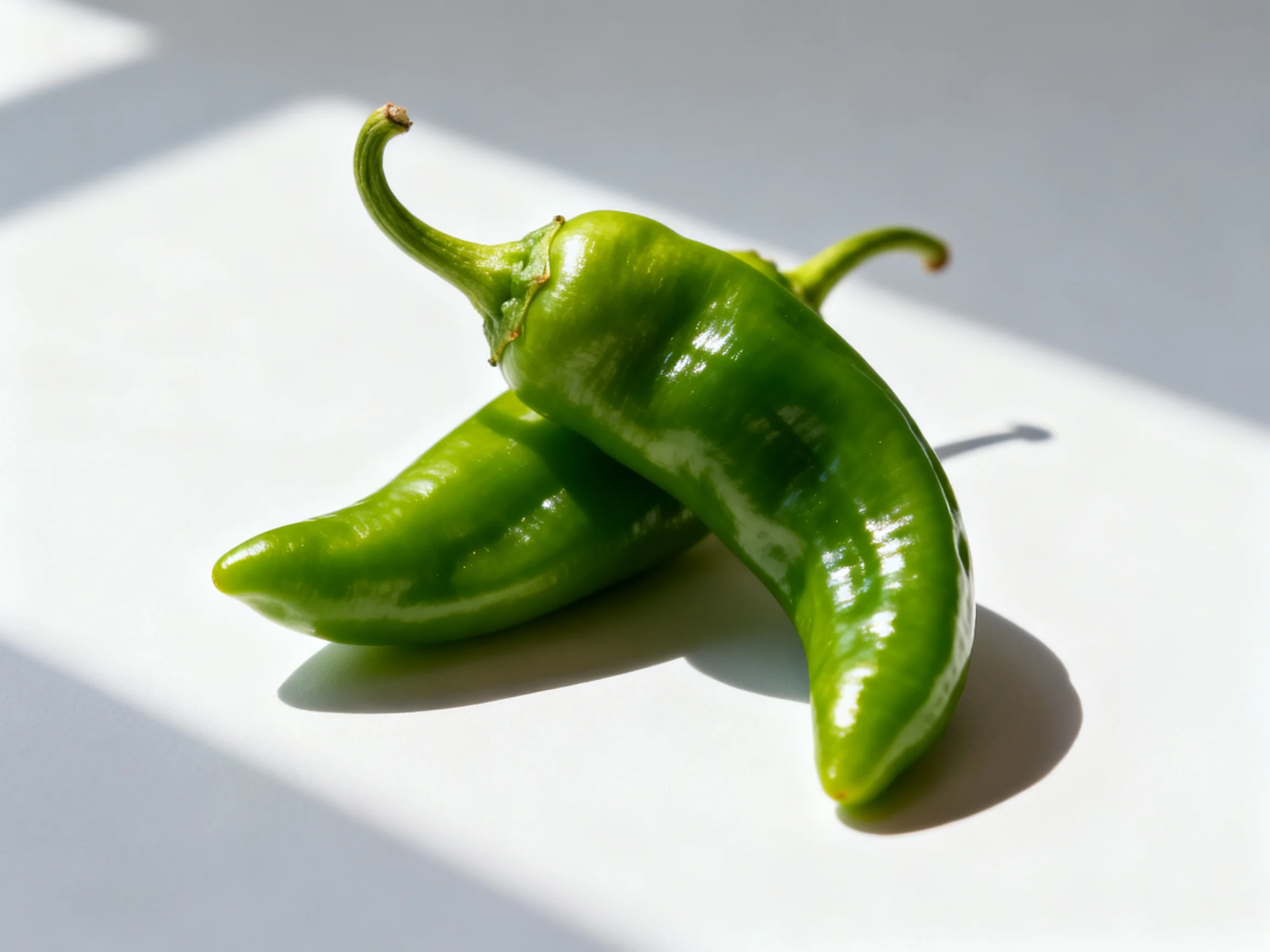 Two glossy green chili peppers rest on a bright white surface with sunlight