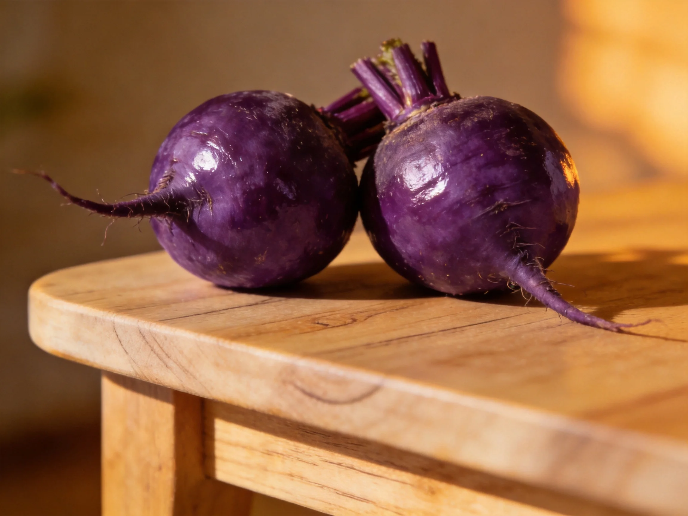 Two glossy purple beets rest on a smooth wooden surface
