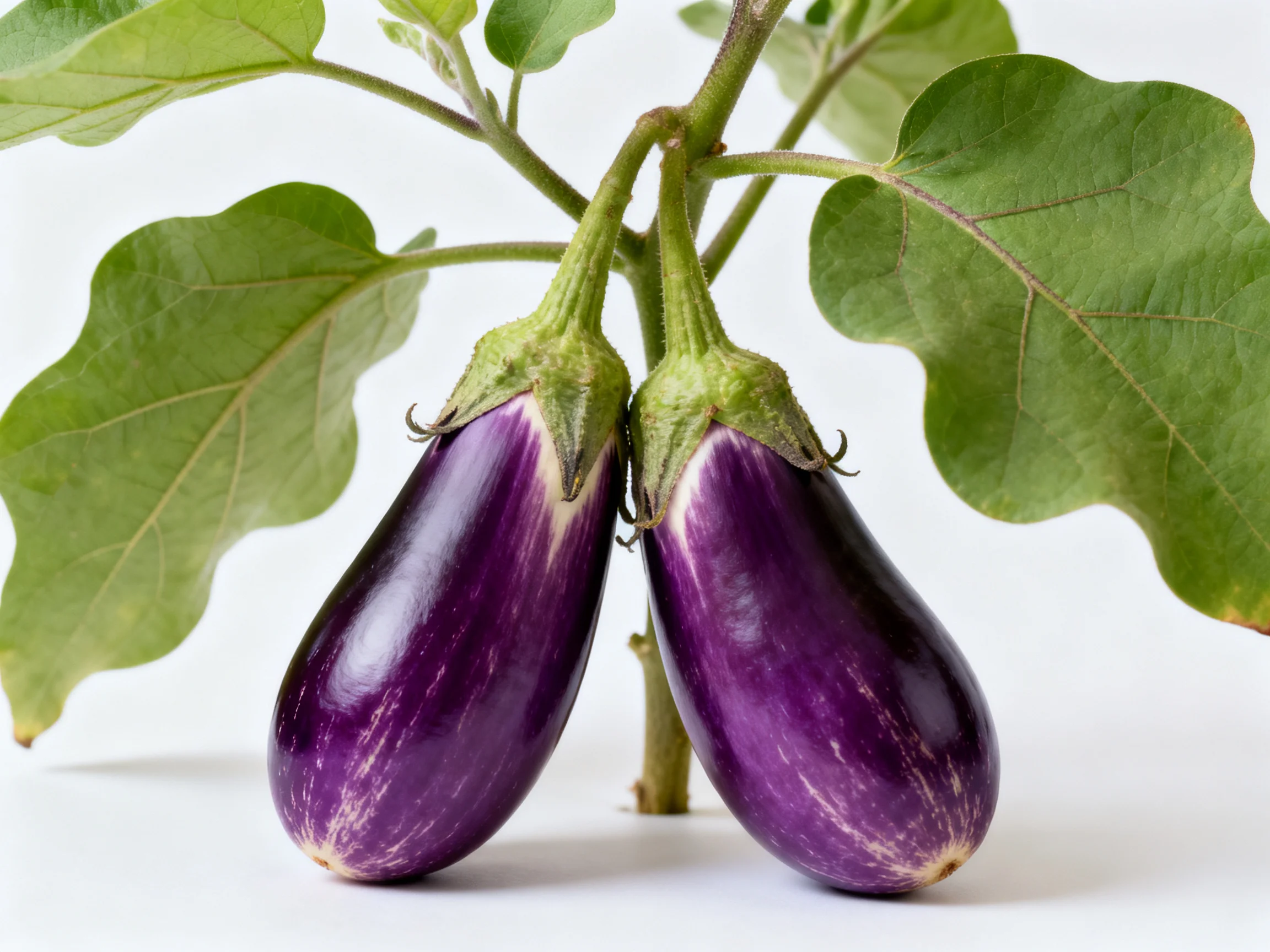 Two glossy purple eggplants attached to a leafy plant with large green leaves